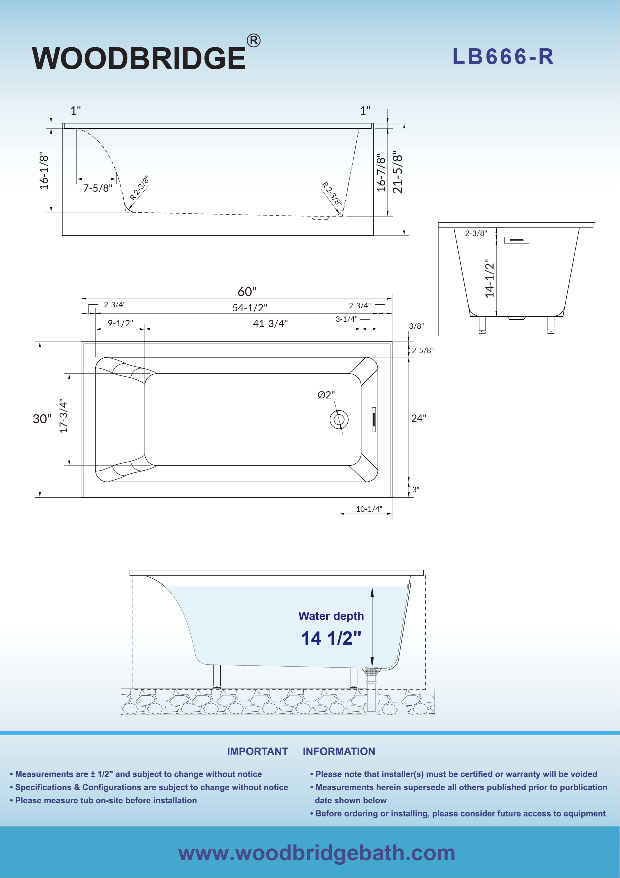 WOODBRIDGE 60" Acrylic Rectangular Alcove Soaking Bathtub in White with Right Drain