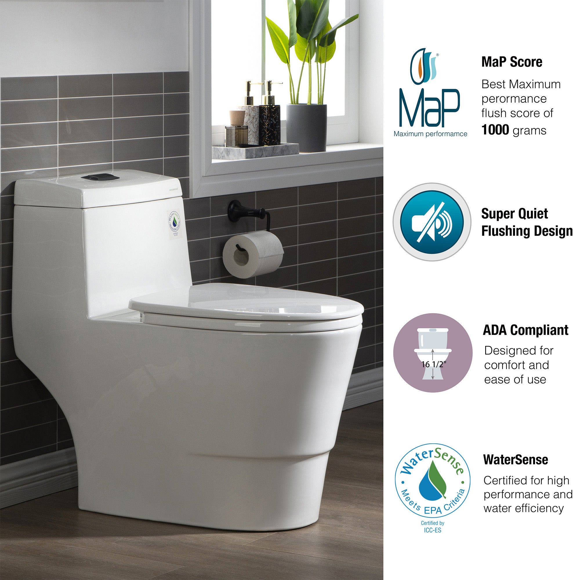 WOODBRIDGE One Piece, 1.28 GPF Dual, Chair Height, Water Sensed, 1000 Gram MaP Flushing Score Toilet with Matte Black Button T0001-MB, White (2 -Pack)