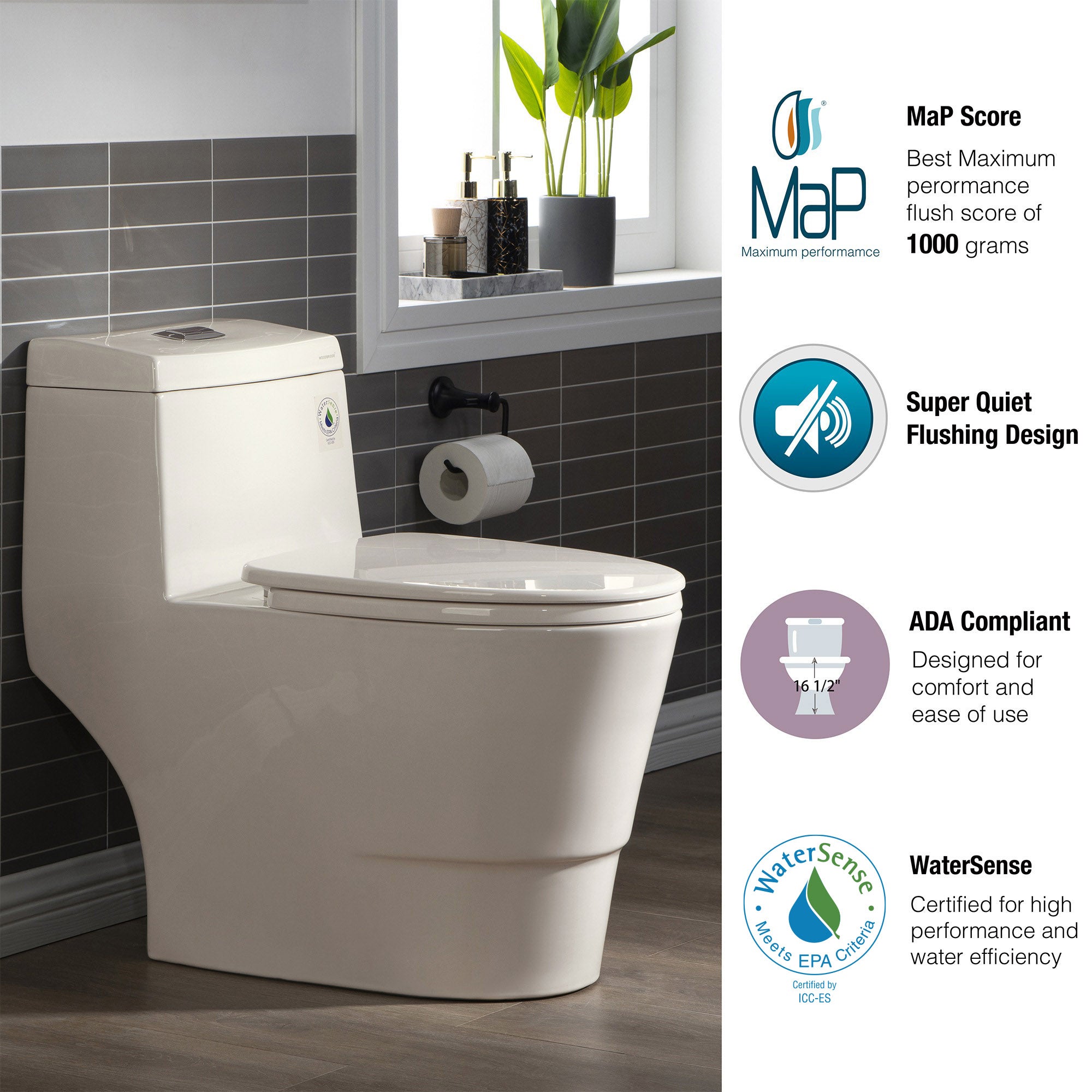 WOODBRIDGEE One Piece Toilet with Soft Closing Seat, Chair Height, 1.28 GPF Dual, Water Sensed, 1000 Gram MaP Flushing Score Toilet, Biscuit