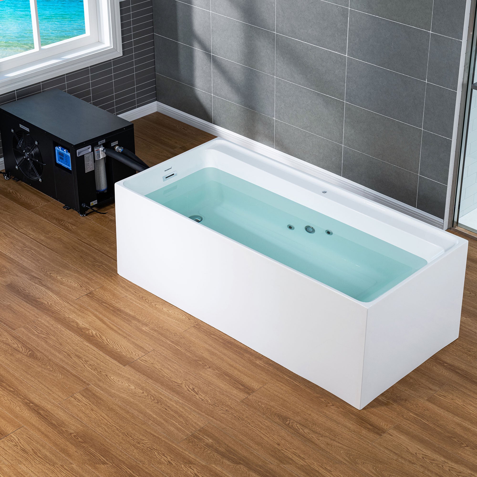 WOODBRIDGE 67" L x 31-1/2" W Freestanding Acrylic Cold Plunge Ice Tub with Chiller and Heater, Ozone sanitation, Filter circulation system, Insulated tub cover
