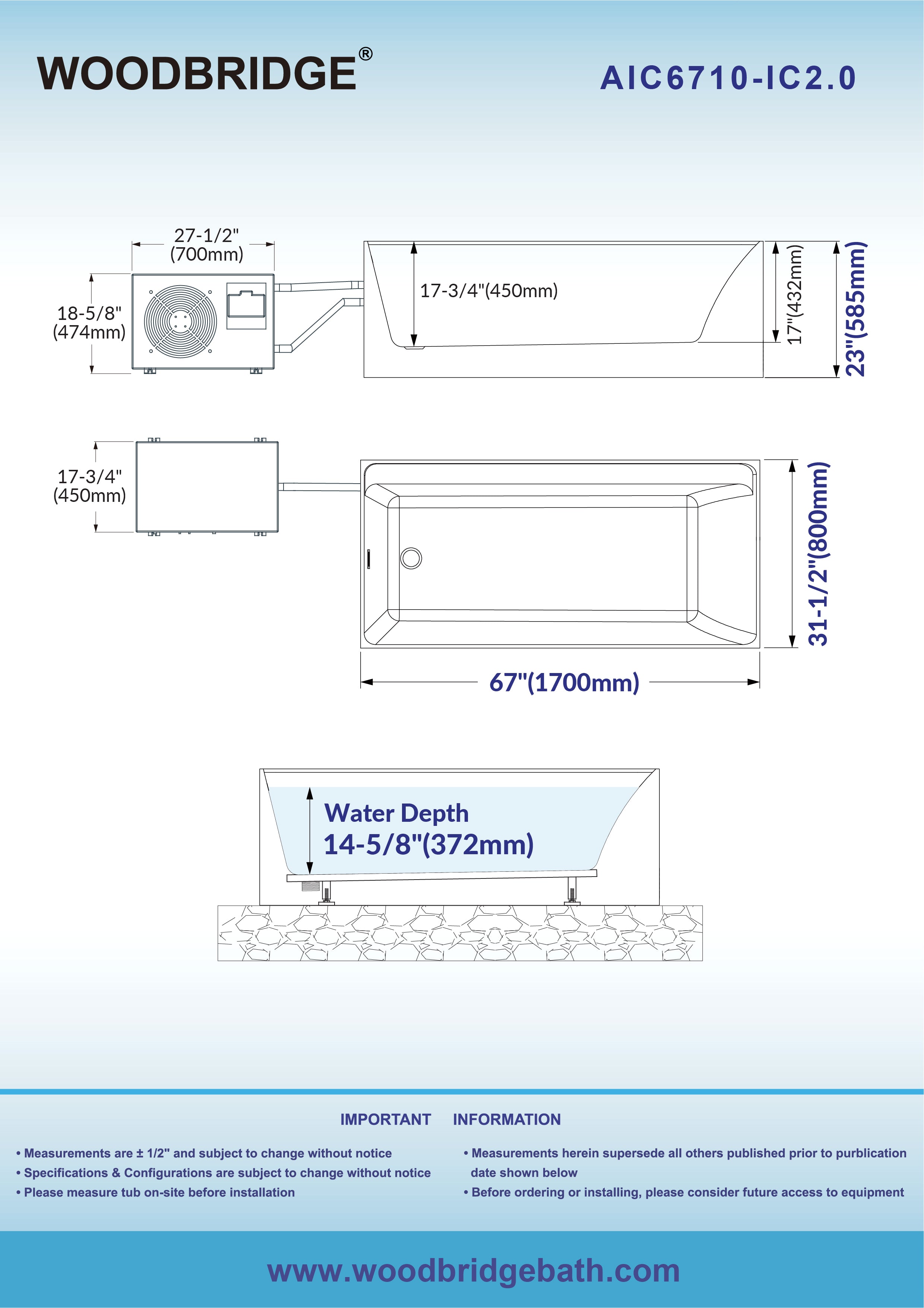 WOODBRIDGE 67" L x 31-1/2" W Freestanding Acrylic Cold Plunge Ice Tub with Chiller and Heater, Ozone sanitation, Filter circulation system, Insulated tub cover