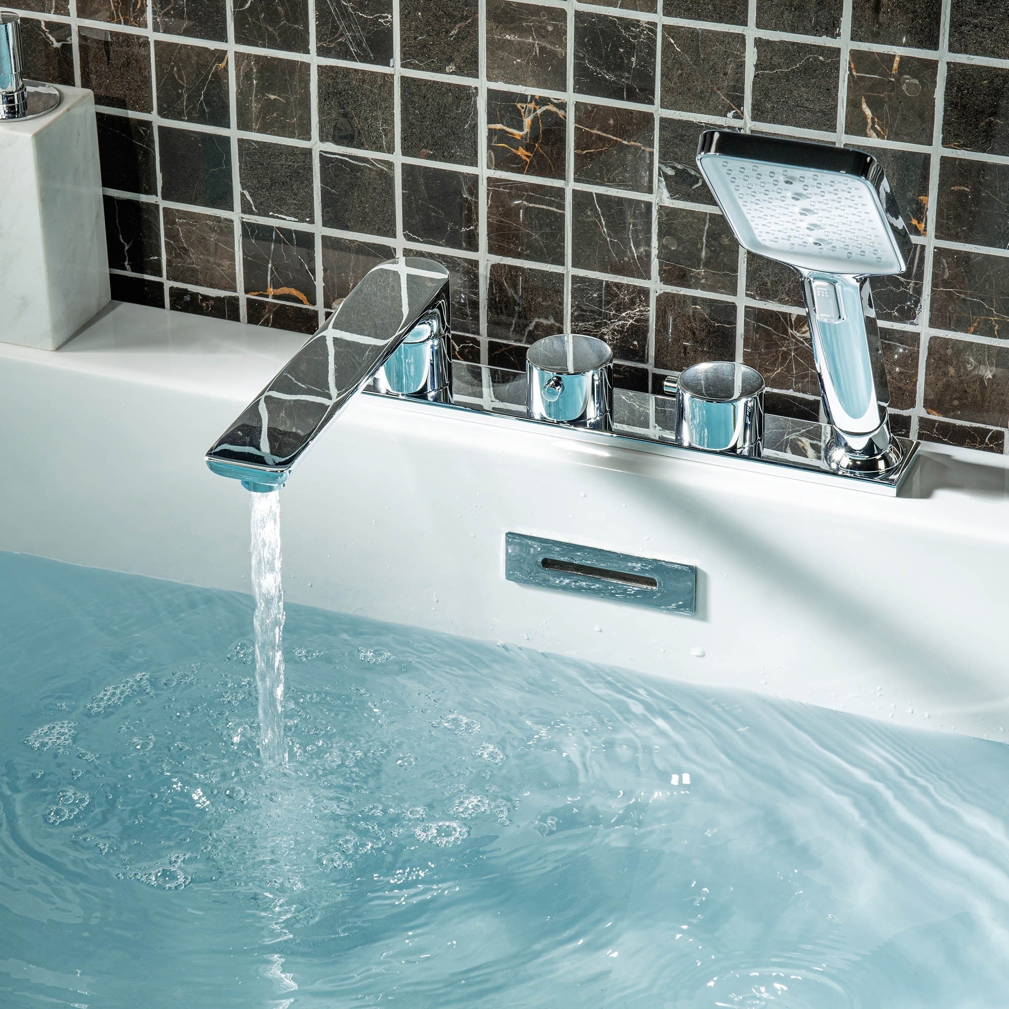 WOODBRIDGE F004 Series Widespread Deck Mount Roman Tub Faucet with Hand Shower, Two-Handle 4-Hole