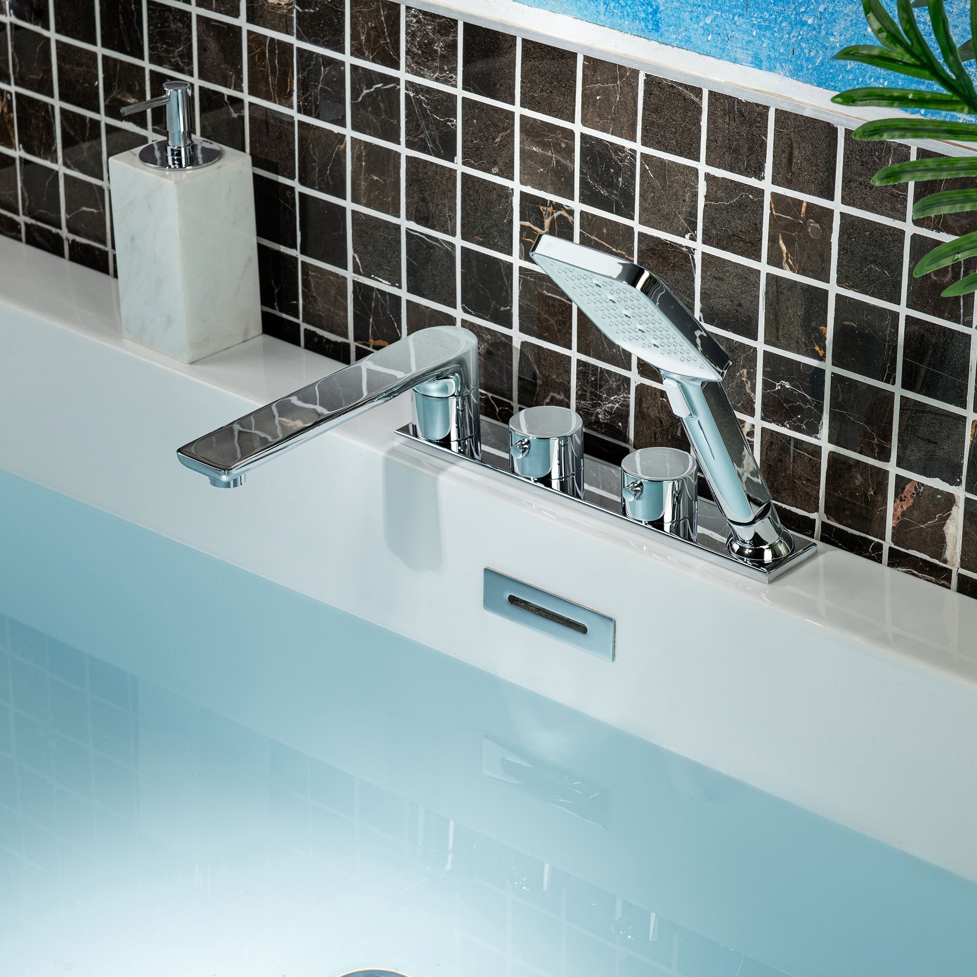 WOODBRIDGE F004 Series Widespread Deck Mount Roman Tub Faucet with Hand Shower, Two-Handle 4-Hole