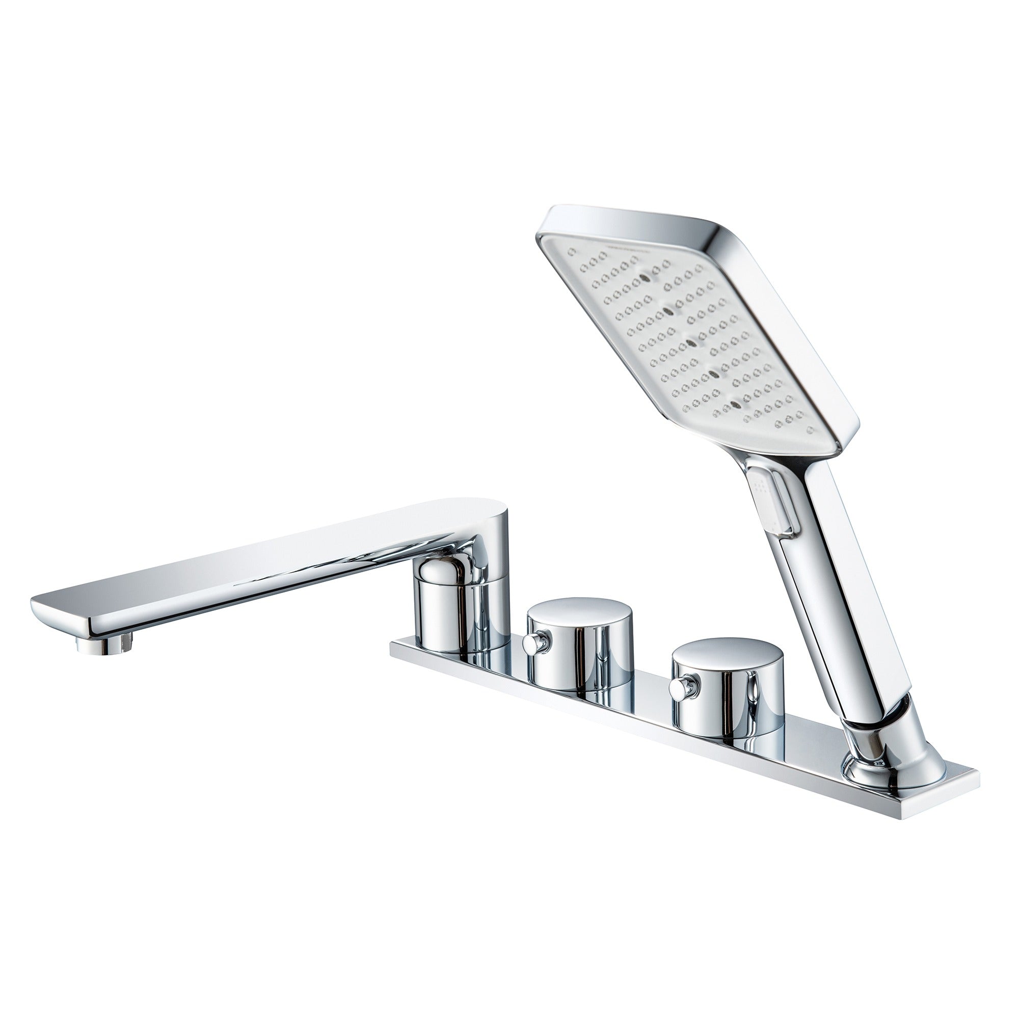 WOODBRIDGE F004 Series Widespread Deck Mount Roman Tub Faucet with Hand Shower, Two-Handle 4-Hole