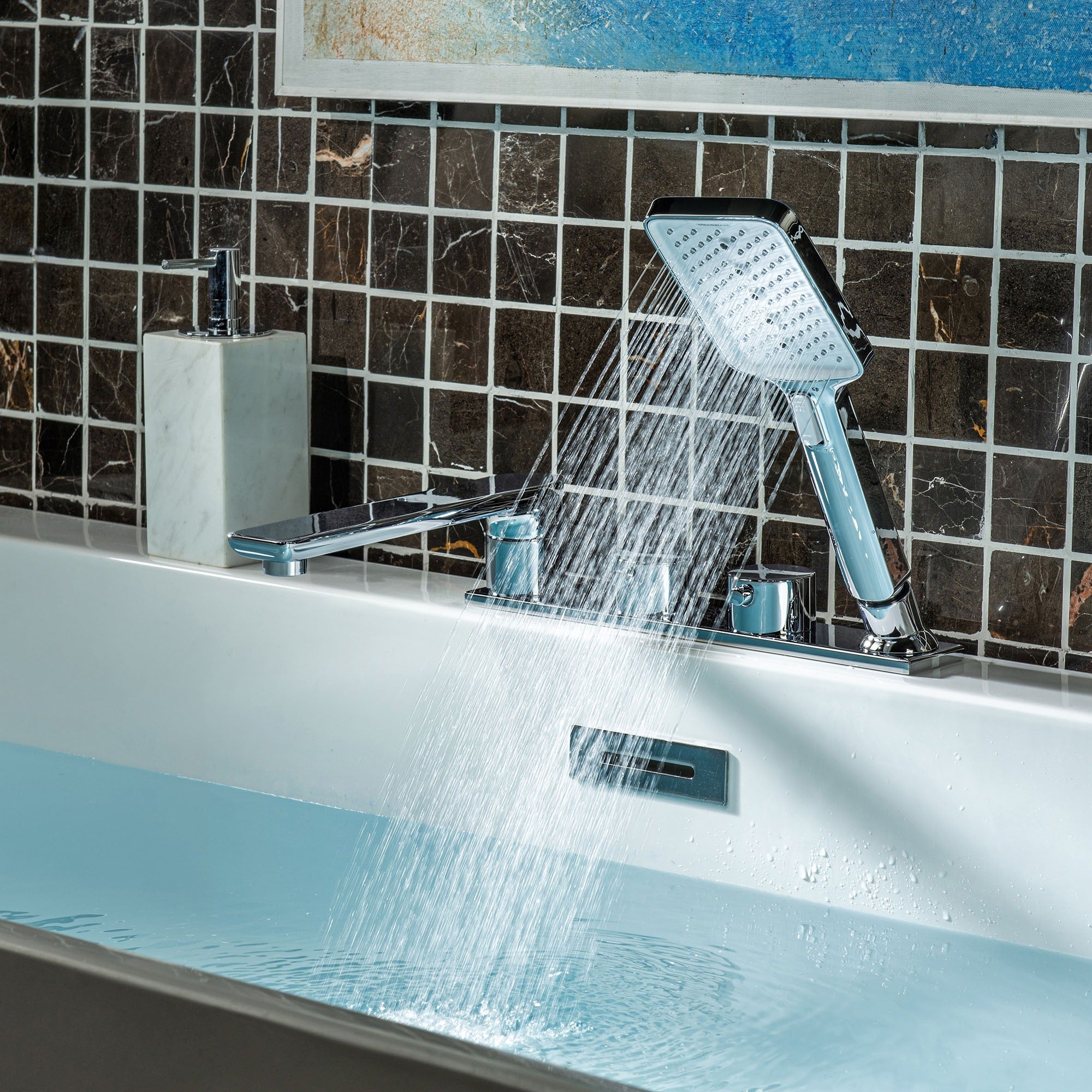 WOODBRIDGE F004 Series Widespread Deck Mount Roman Tub Faucet with Hand Shower, Two-Handle 4-Hole