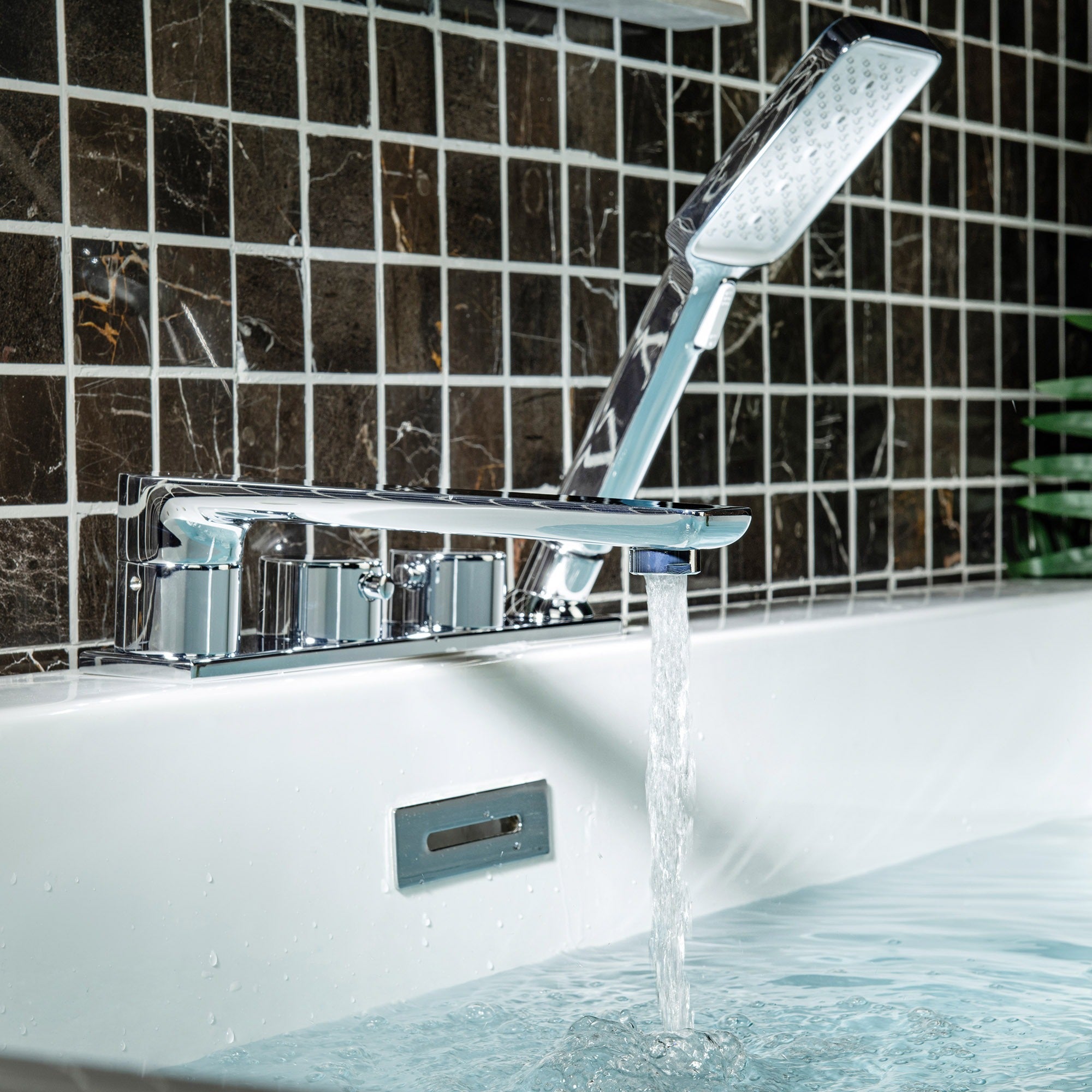 WOODBRIDGE F004 Series Widespread Deck Mount Roman Tub Faucet with Hand Shower, Two-Handle 4-Hole