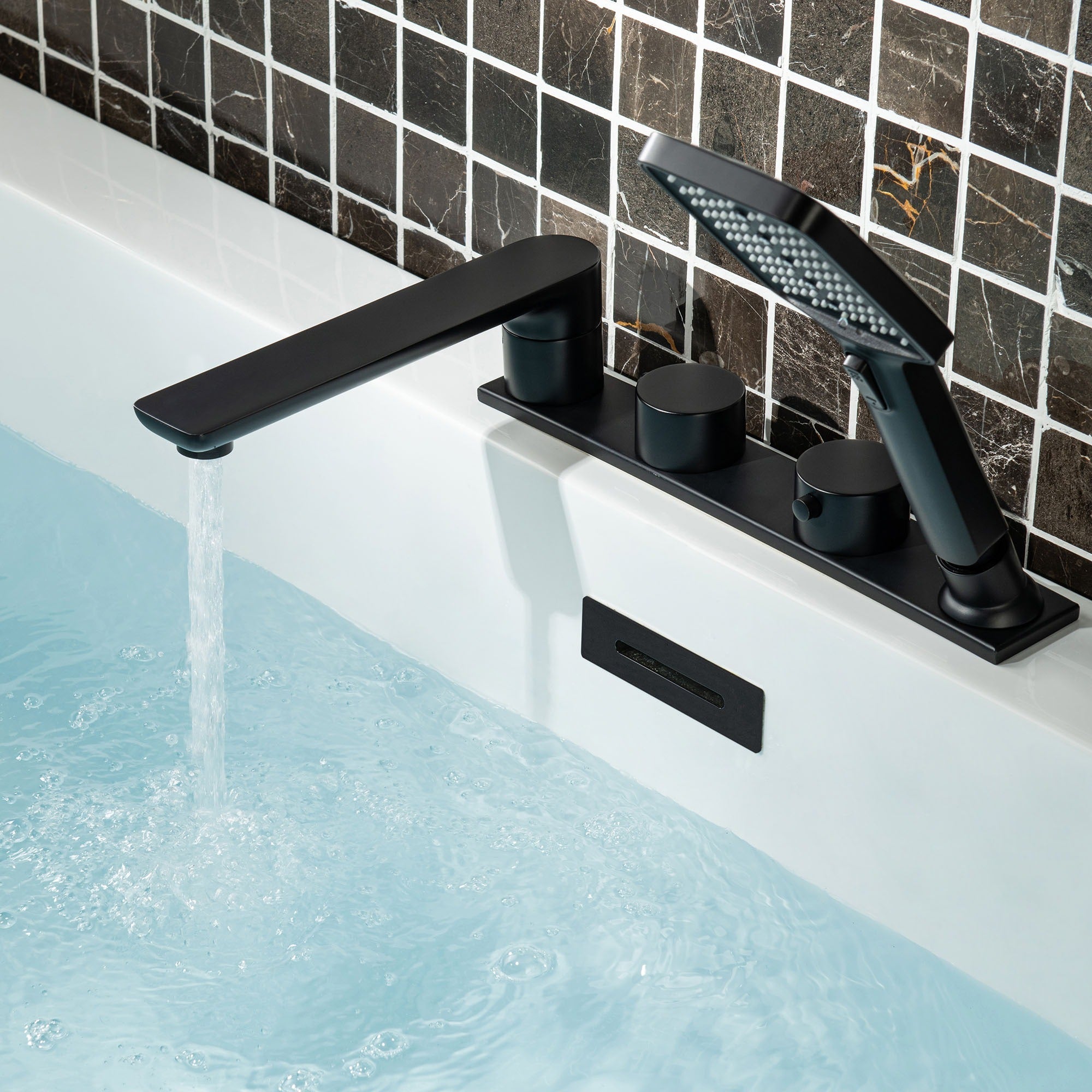 WOODBRIDGE F004 Series Widespread Deck Mount Roman Tub Faucet with Hand Shower, Two-Handle 4-Hole
