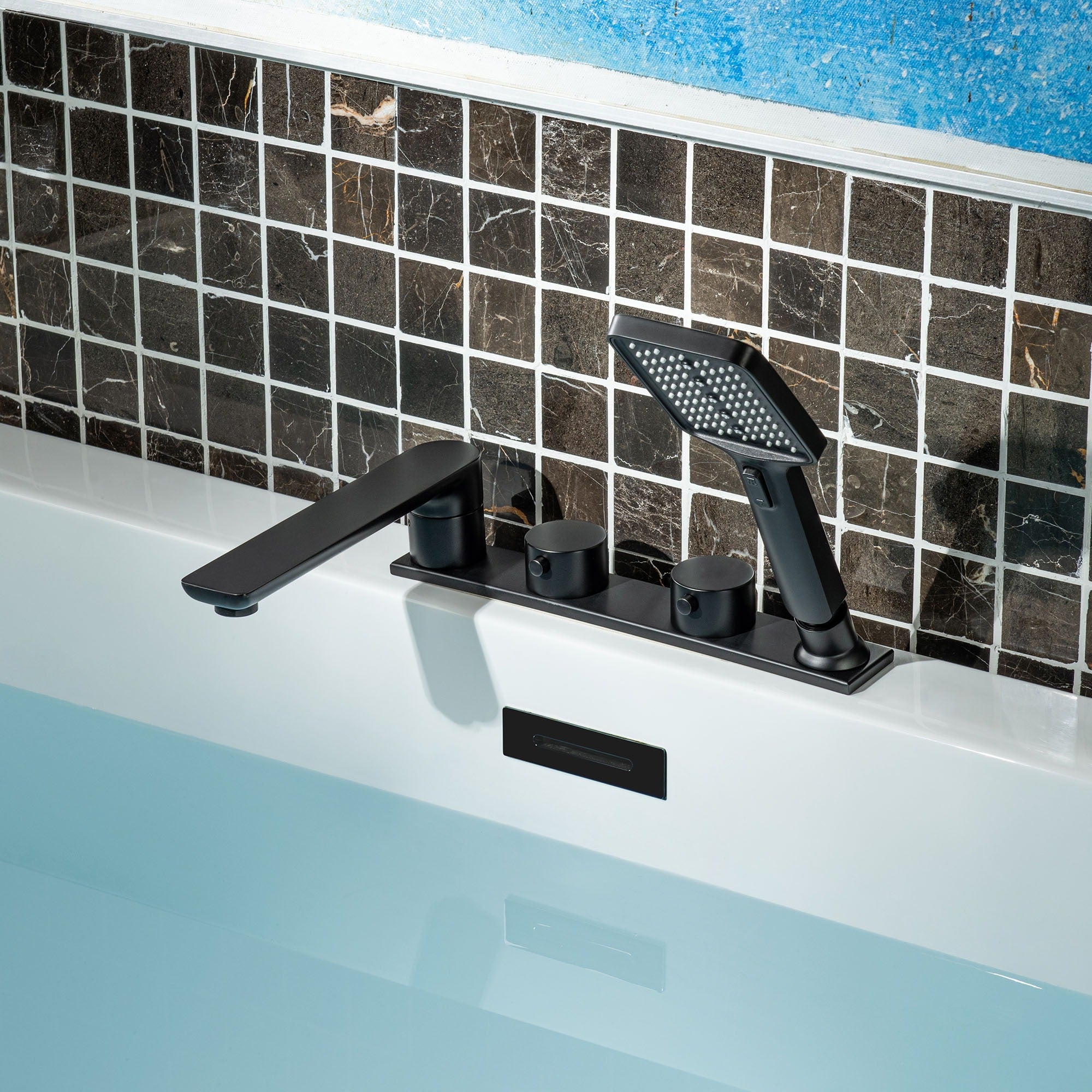 WOODBRIDGE F004 Series Widespread Deck Mount Roman Tub Faucet with Hand Shower, Two-Handle 4-Hole