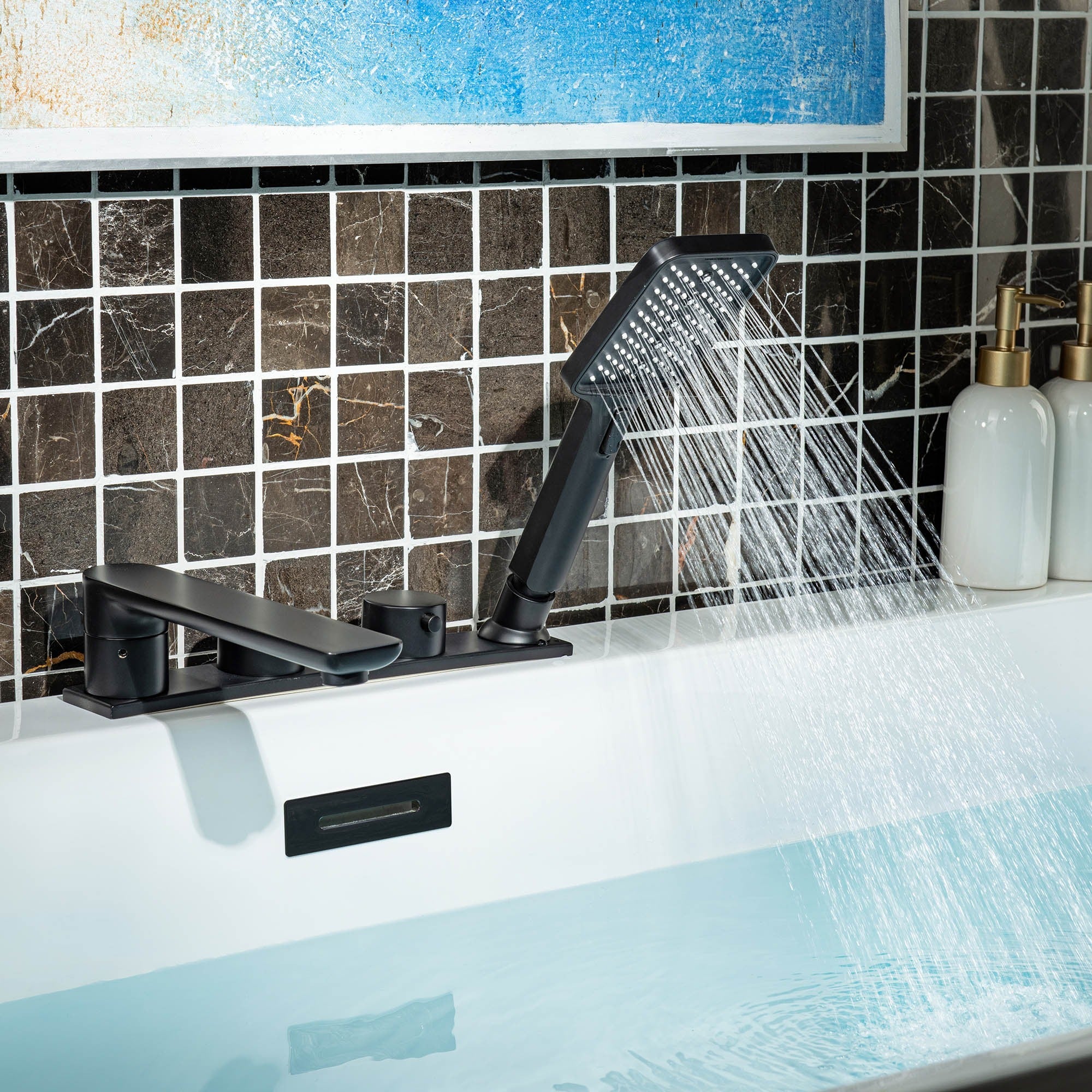 WOODBRIDGE F004 Series Widespread Deck Mount Roman Tub Faucet with Hand Shower, Two-Handle 4-Hole
