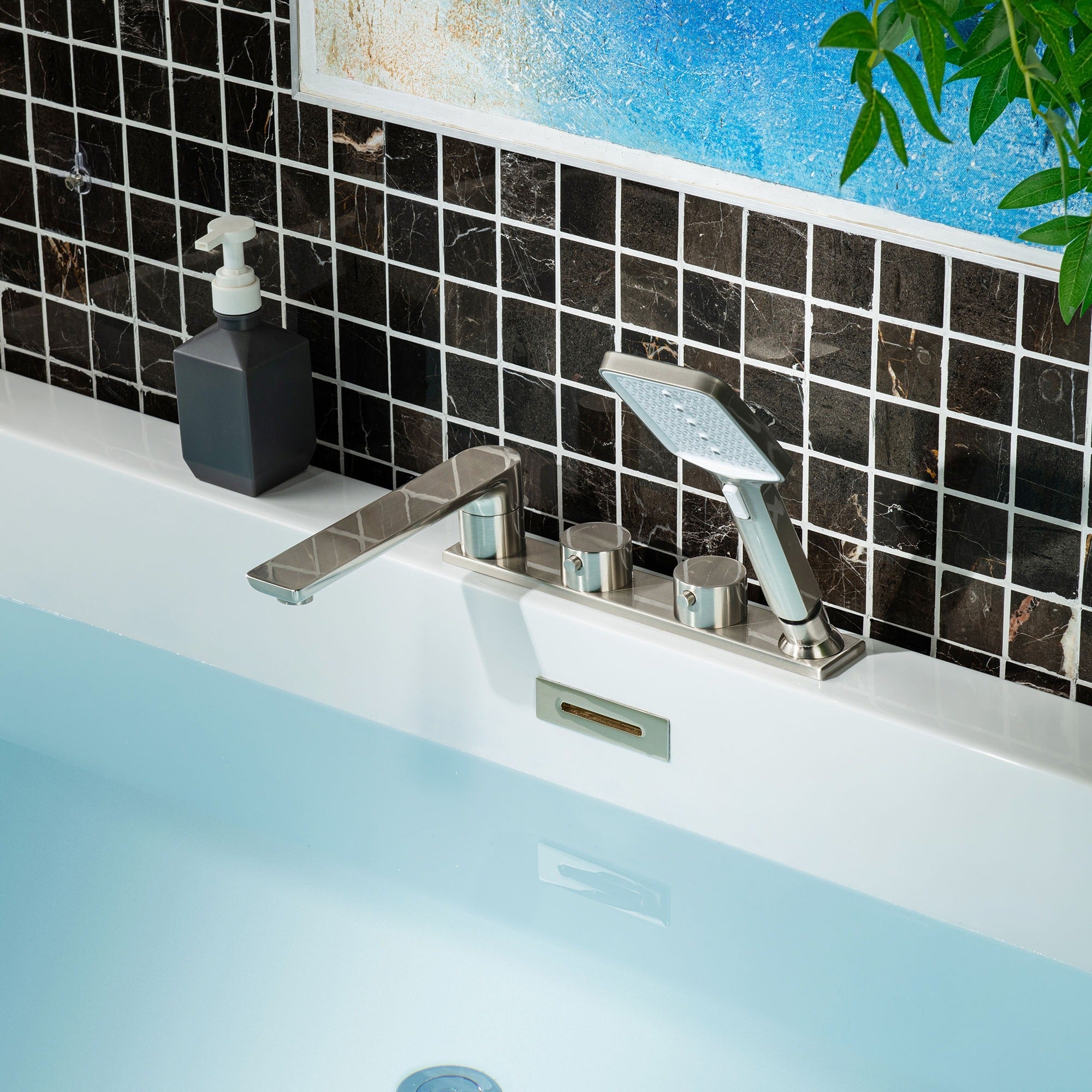 WOODBRIDGE F004 Series Widespread Deck Mount Roman Tub Faucet with Hand Shower, Two-Handle 4-Hole