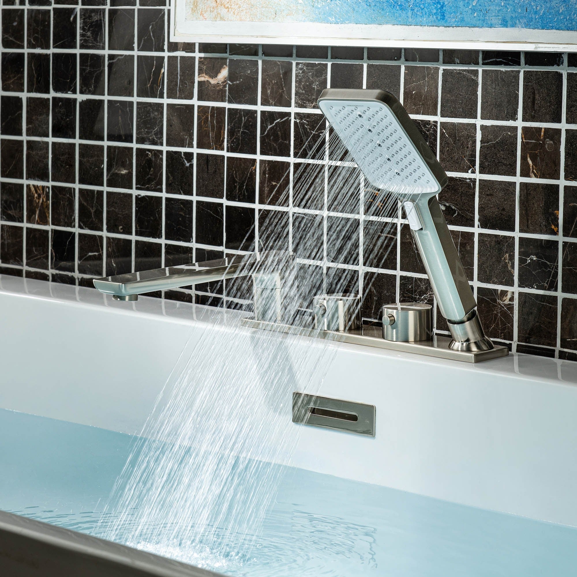 WOODBRIDGE F004 Series Widespread Deck Mount Roman Tub Faucet with Hand Shower, Two-Handle 4-Hole