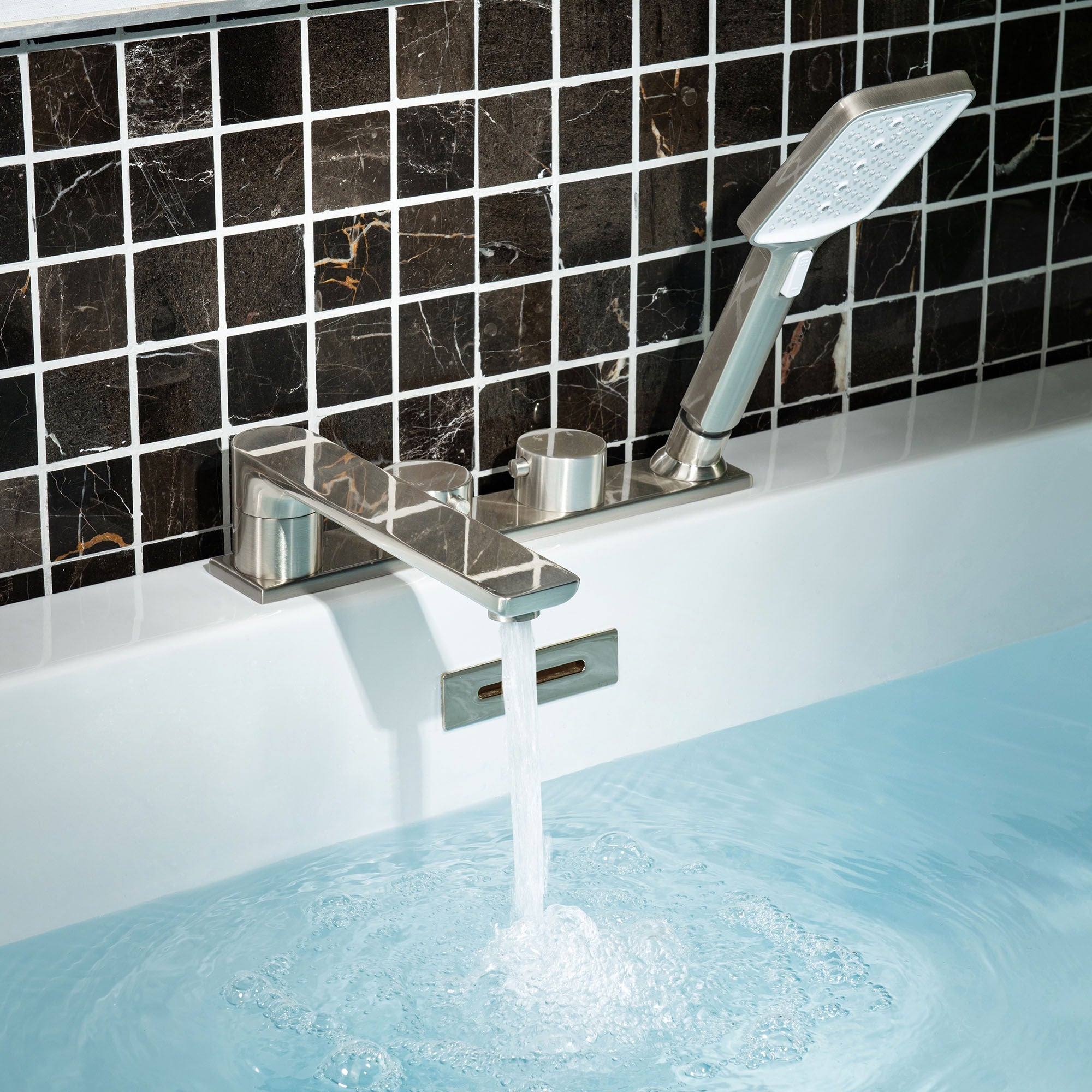 WOODBRIDGE F004 Series Widespread Deck Mount Roman Tub Faucet with Hand Shower, Two-Handle 4-Hole