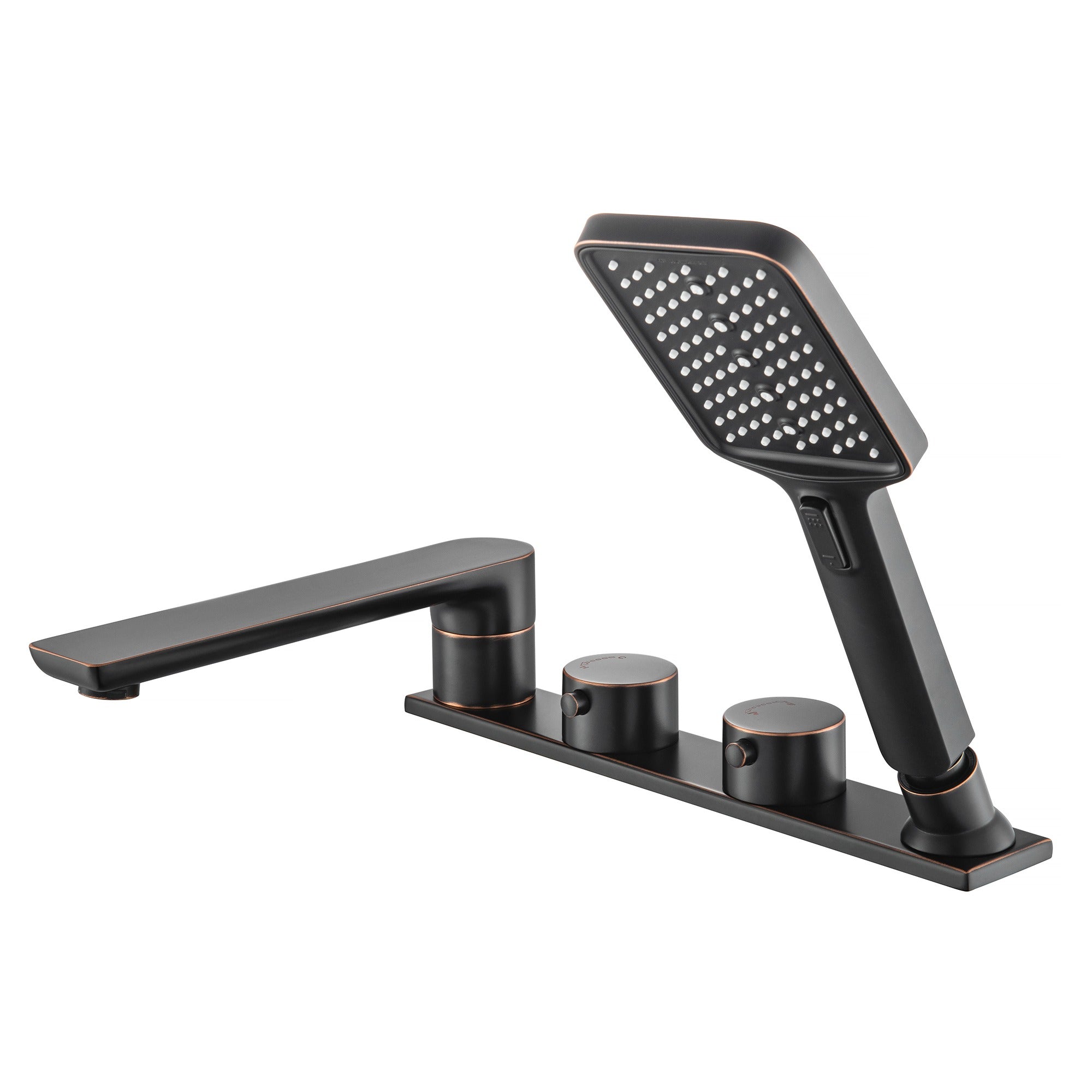 WOODBRIDGE F004 Series Widespread Deck Mount Roman Tub Faucet with Hand Shower, Two-Handle 4-Hole