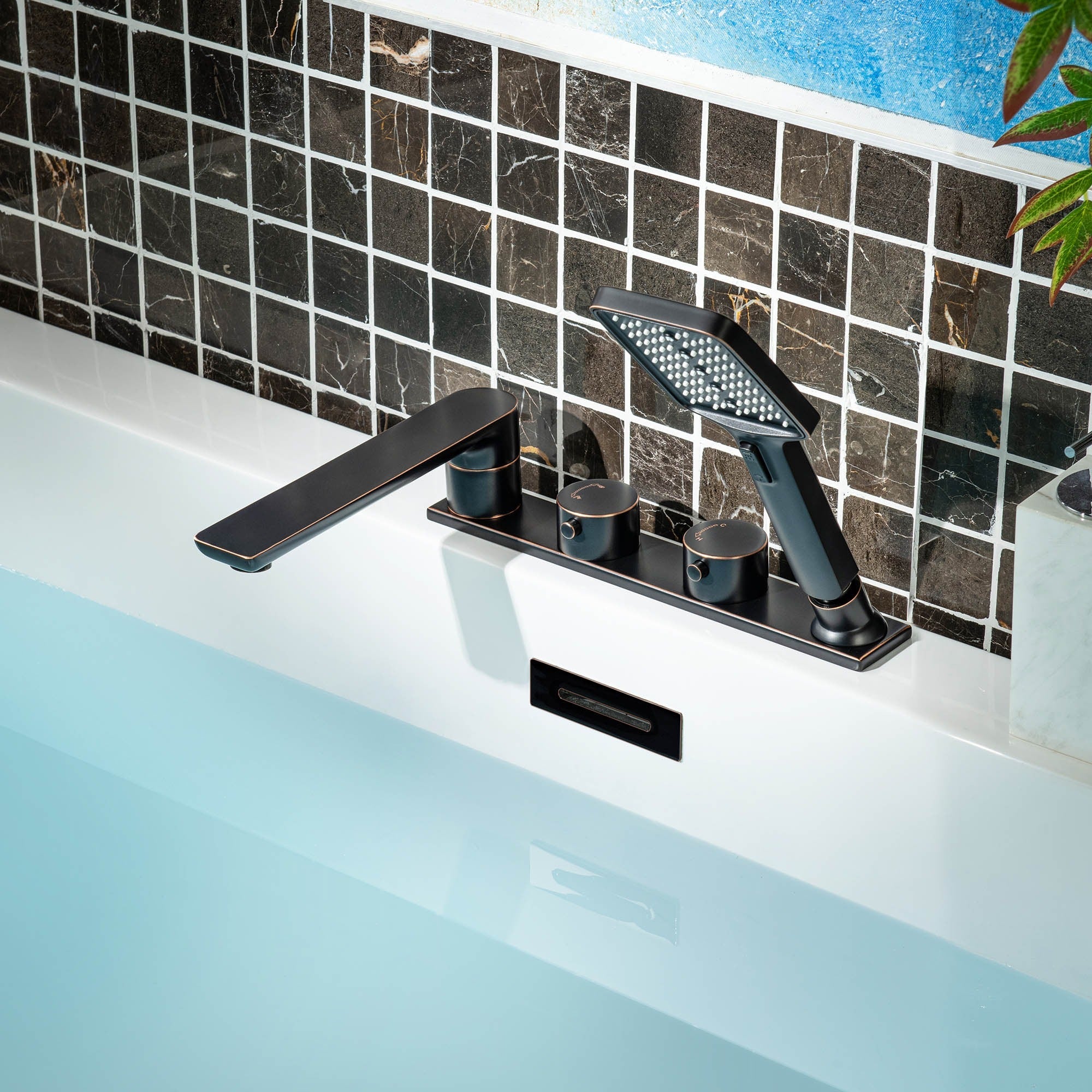 WOODBRIDGE F004 Series Widespread Deck Mount Roman Tub Faucet with Hand Shower, Two-Handle 4-Hole