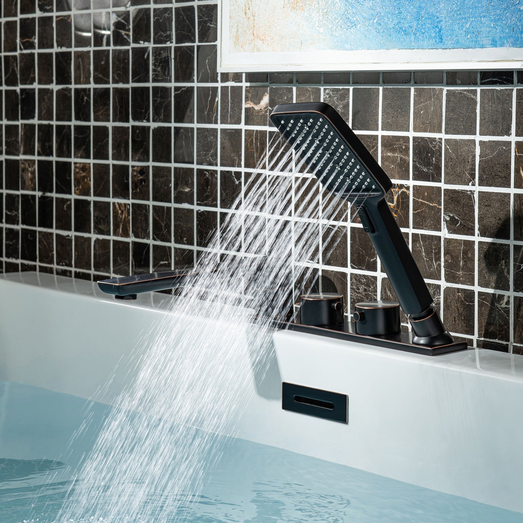 WOODBRIDGE F004 Series Widespread Deck Mount Roman Tub Faucet with Hand Shower, Two-Handle 4-Hole