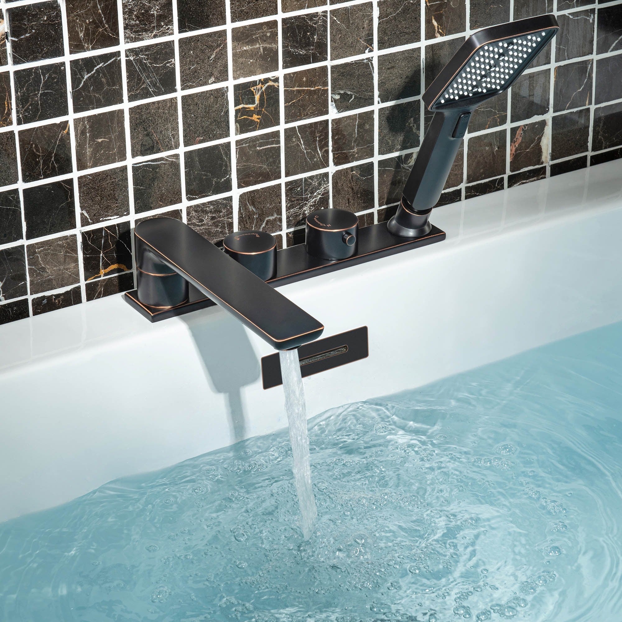 WOODBRIDGE F004 Series Widespread Deck Mount Roman Tub Faucet with Hand Shower, Two-Handle 4-Hole