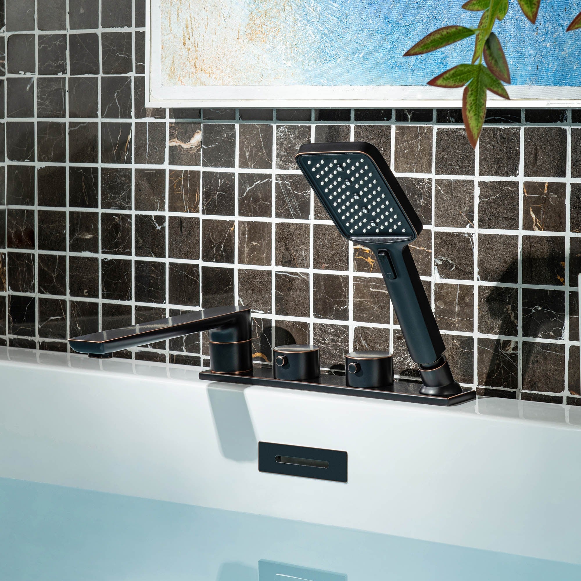 WOODBRIDGE F004 Series Widespread Deck Mount Roman Tub Faucet with Hand Shower, Two-Handle 4-Hole