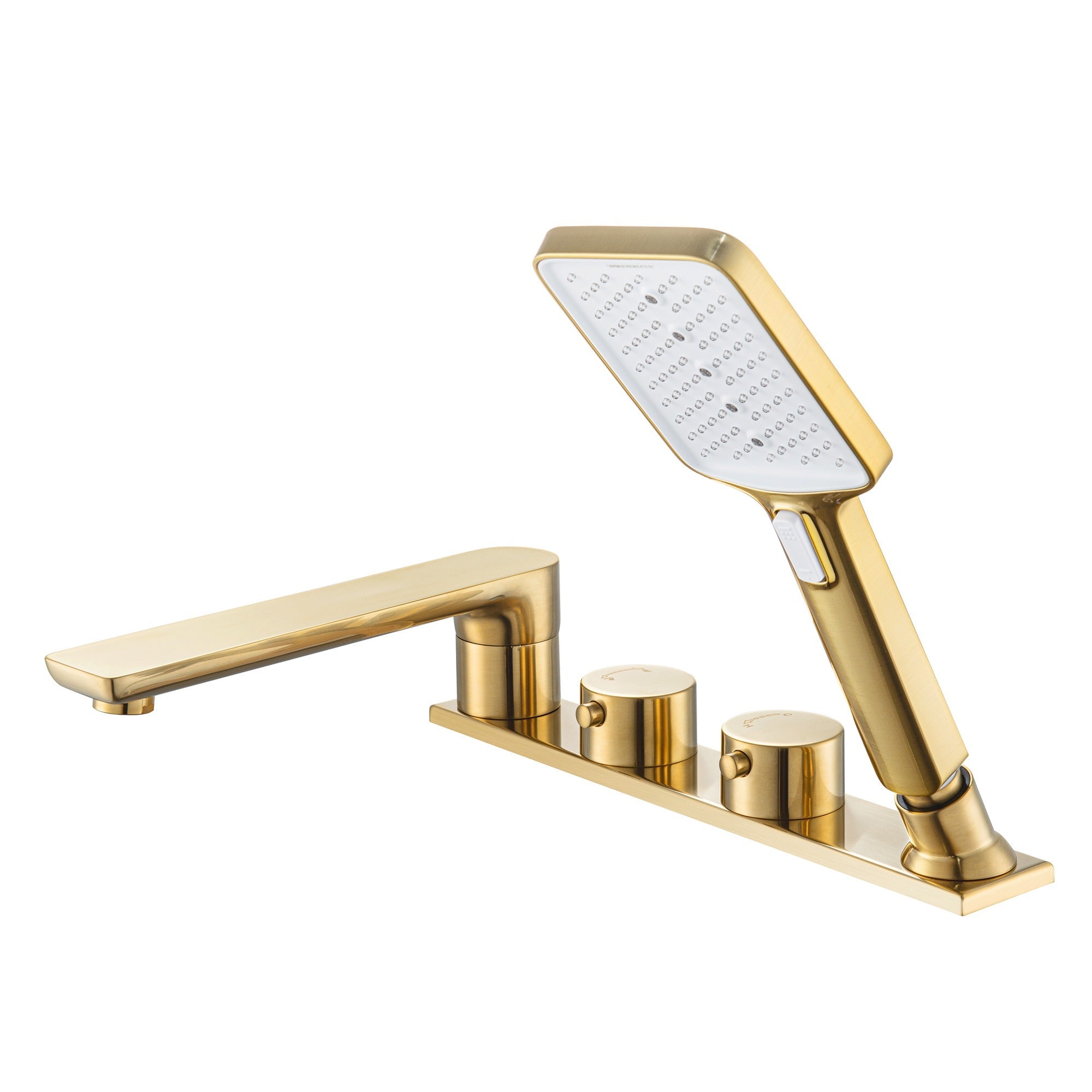 WOODBRIDGE F004 Series Widespread Deck Mount Roman Tub Faucet with Hand Shower, Two-Handle 4-Hole