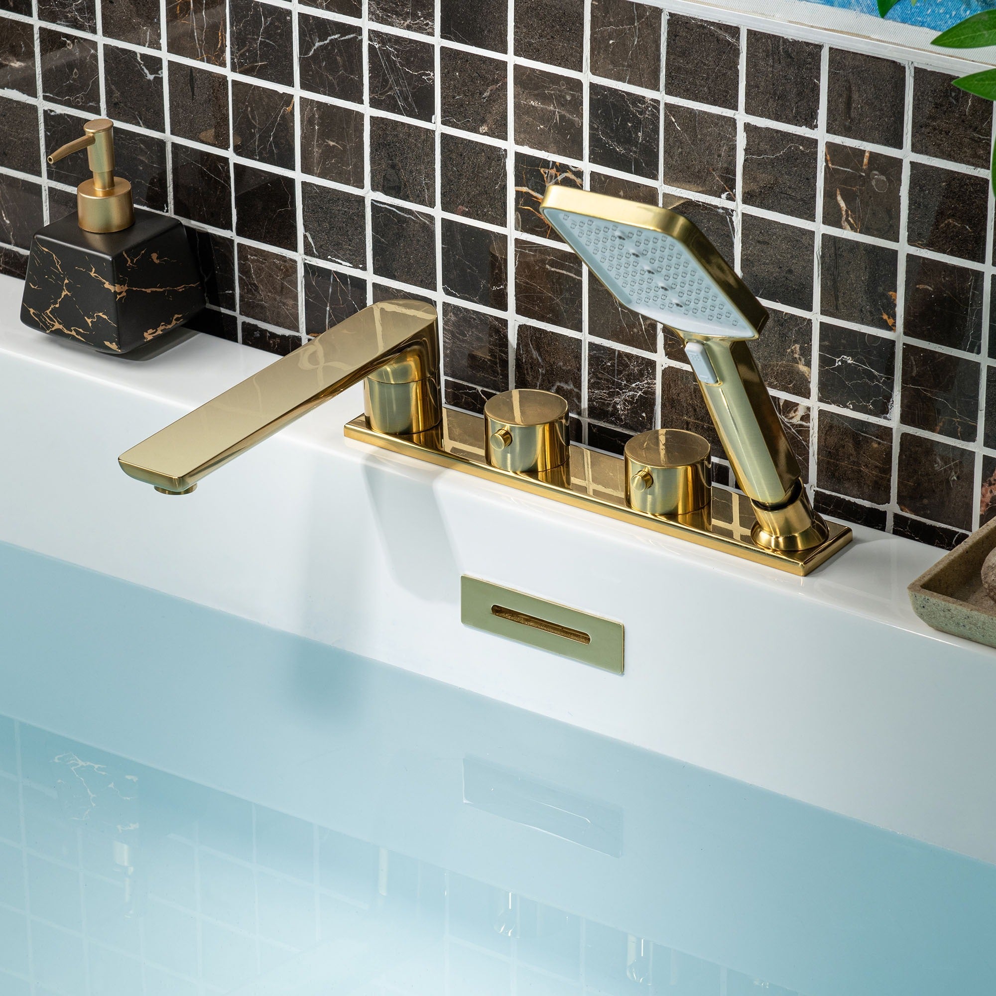 WOODBRIDGE F004 Series Widespread Deck Mount Roman Tub Faucet with Hand Shower, Two-Handle 4-Hole