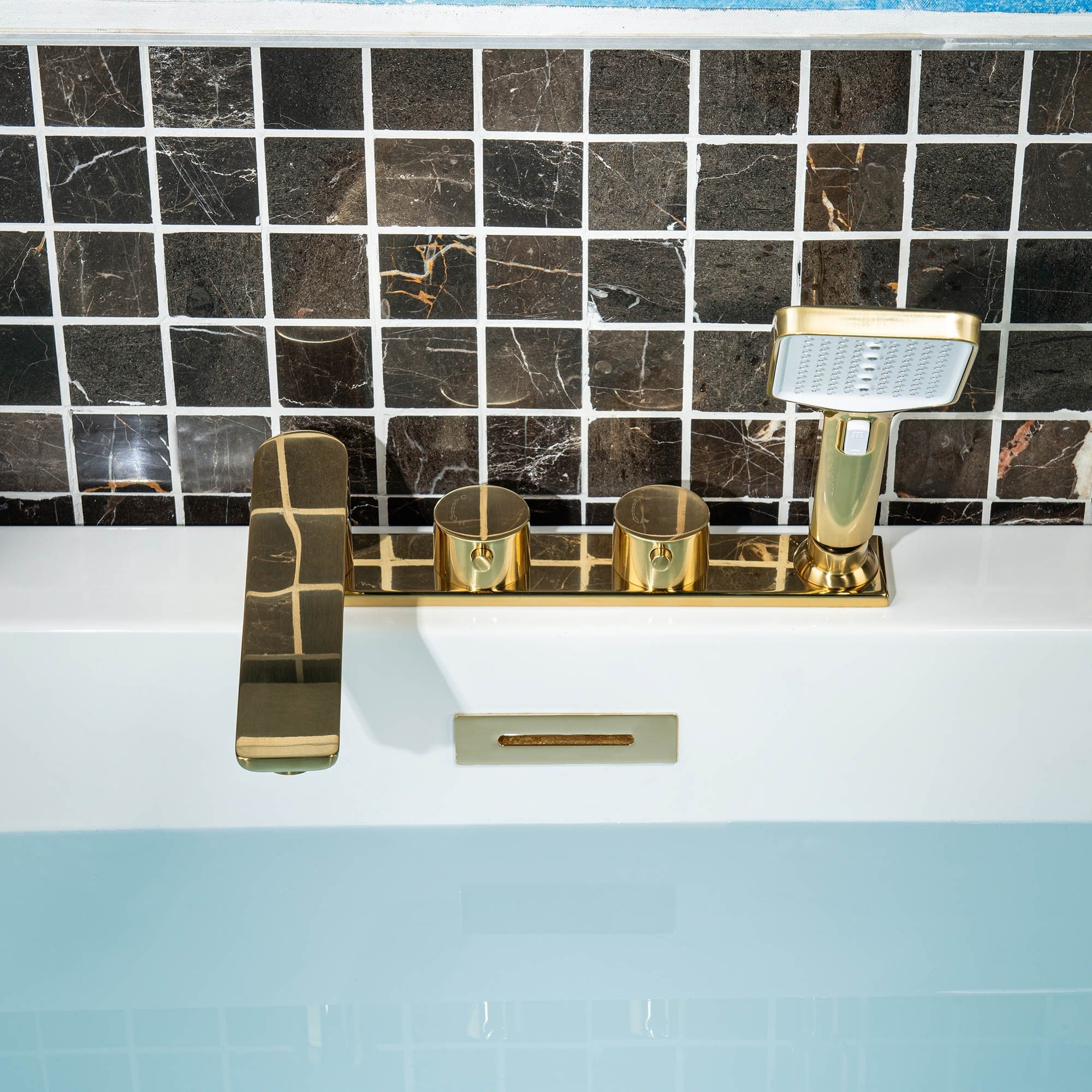 WOODBRIDGE F004 Series Widespread Deck Mount Roman Tub Faucet with Hand Shower, Two-Handle 4-Hole
