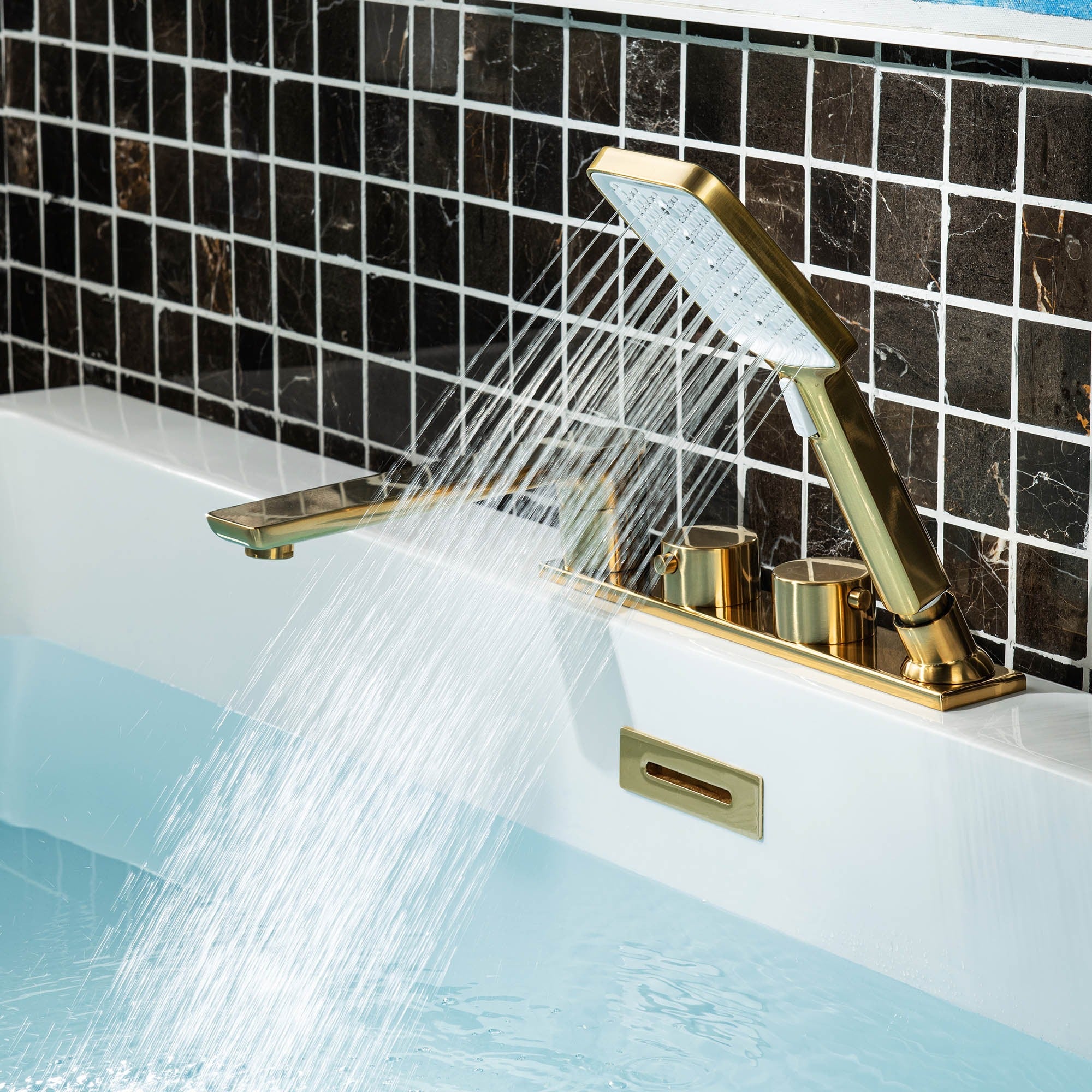 WOODBRIDGE F004 Series Widespread Deck Mount Roman Tub Faucet with Hand Shower, Two-Handle 4-Hole