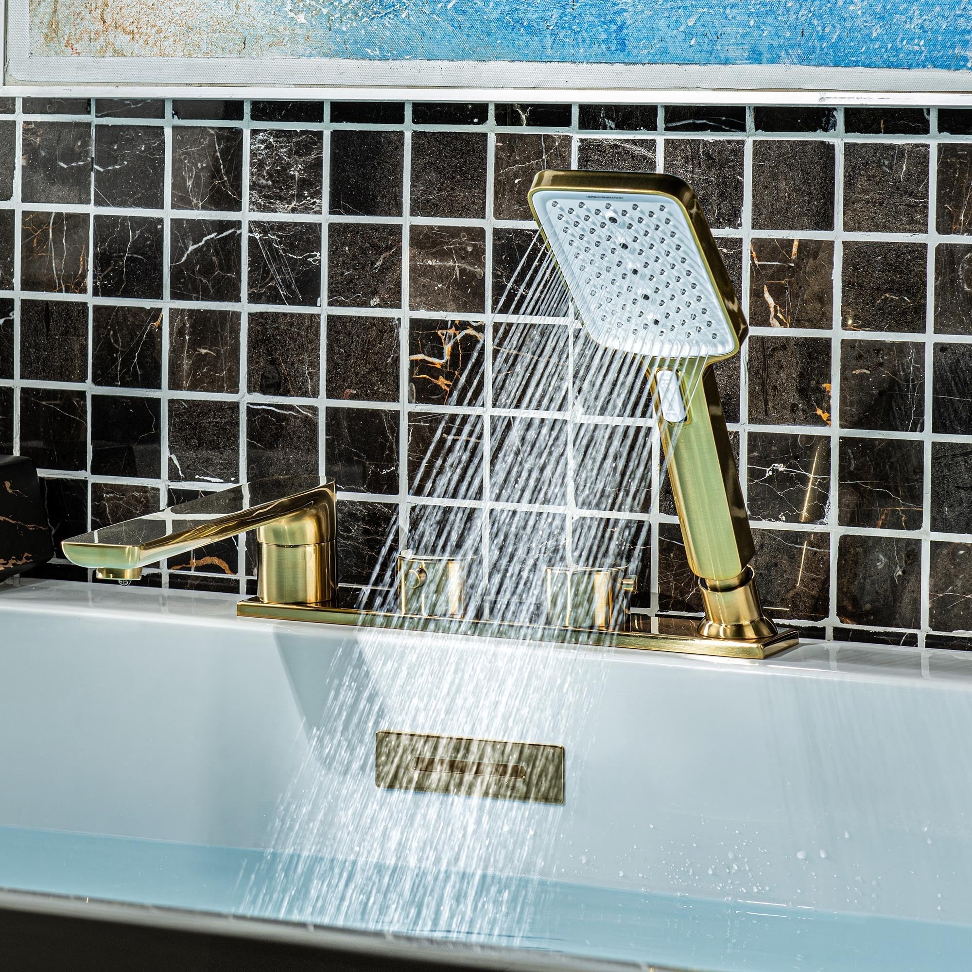 WOODBRIDGE F004 Series Widespread Deck Mount Roman Tub Faucet with Hand Shower, Two-Handle 4-Hole