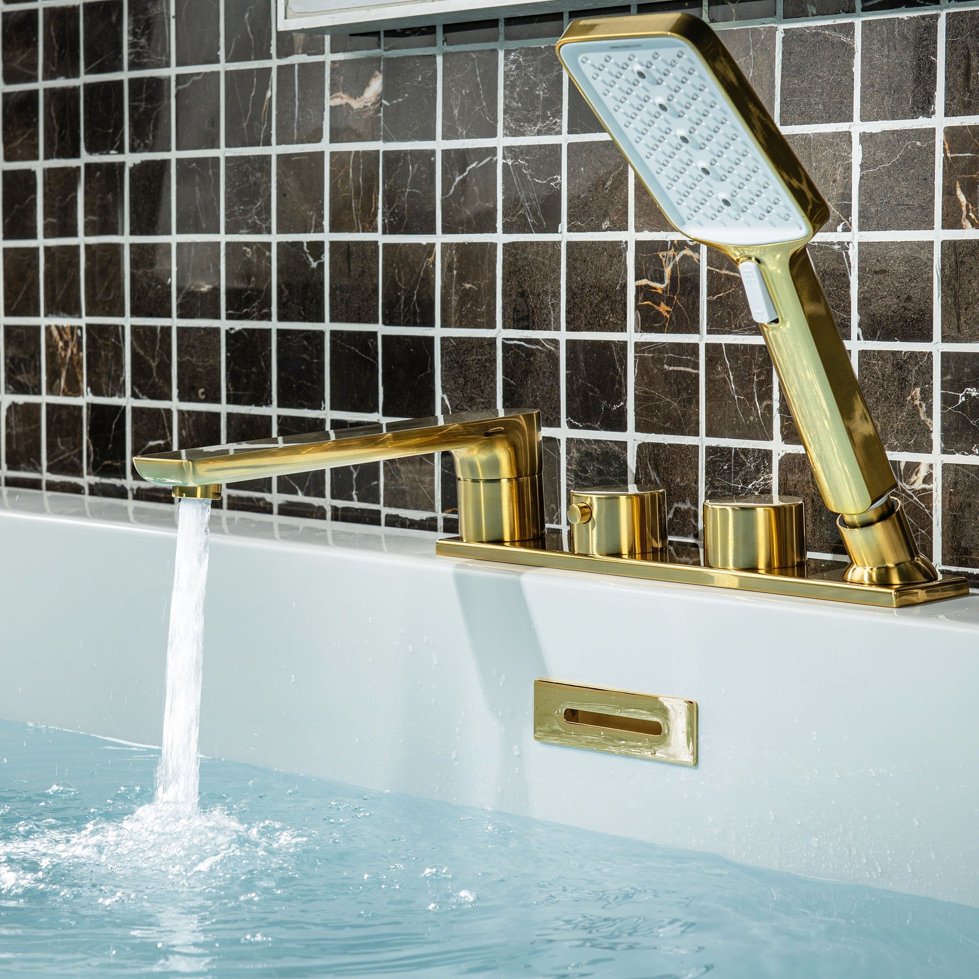 WOODBRIDGE F004 Series Widespread Deck Mount Roman Tub Faucet with Hand Shower, Two-Handle 4-Hole