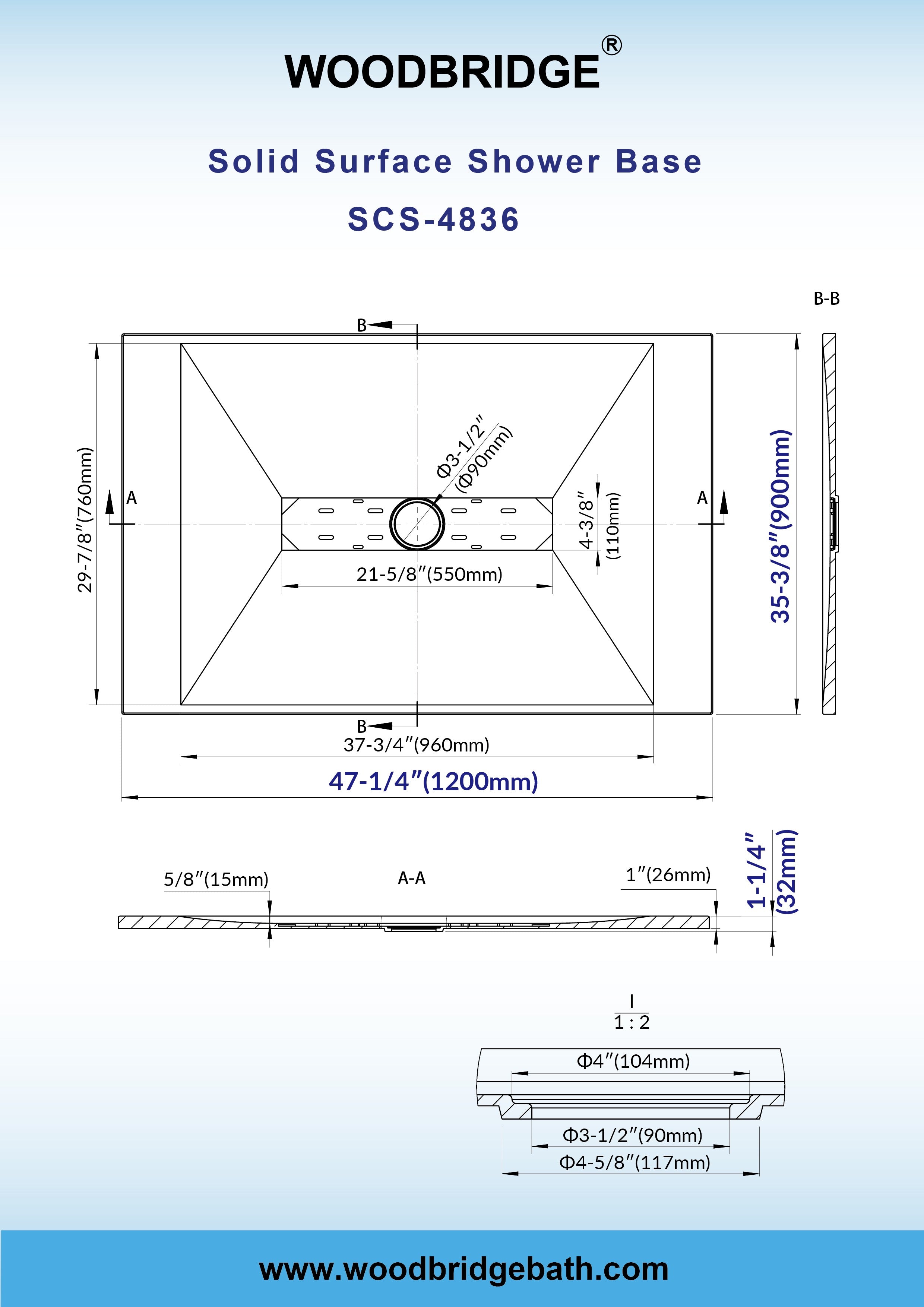 WOODBRIDGE 47.5 in L x 35.4 in W Zero Threshold End Drain Shower Base with Center Drain Placement, Matching Decorative Drain Plate and Tile Flange