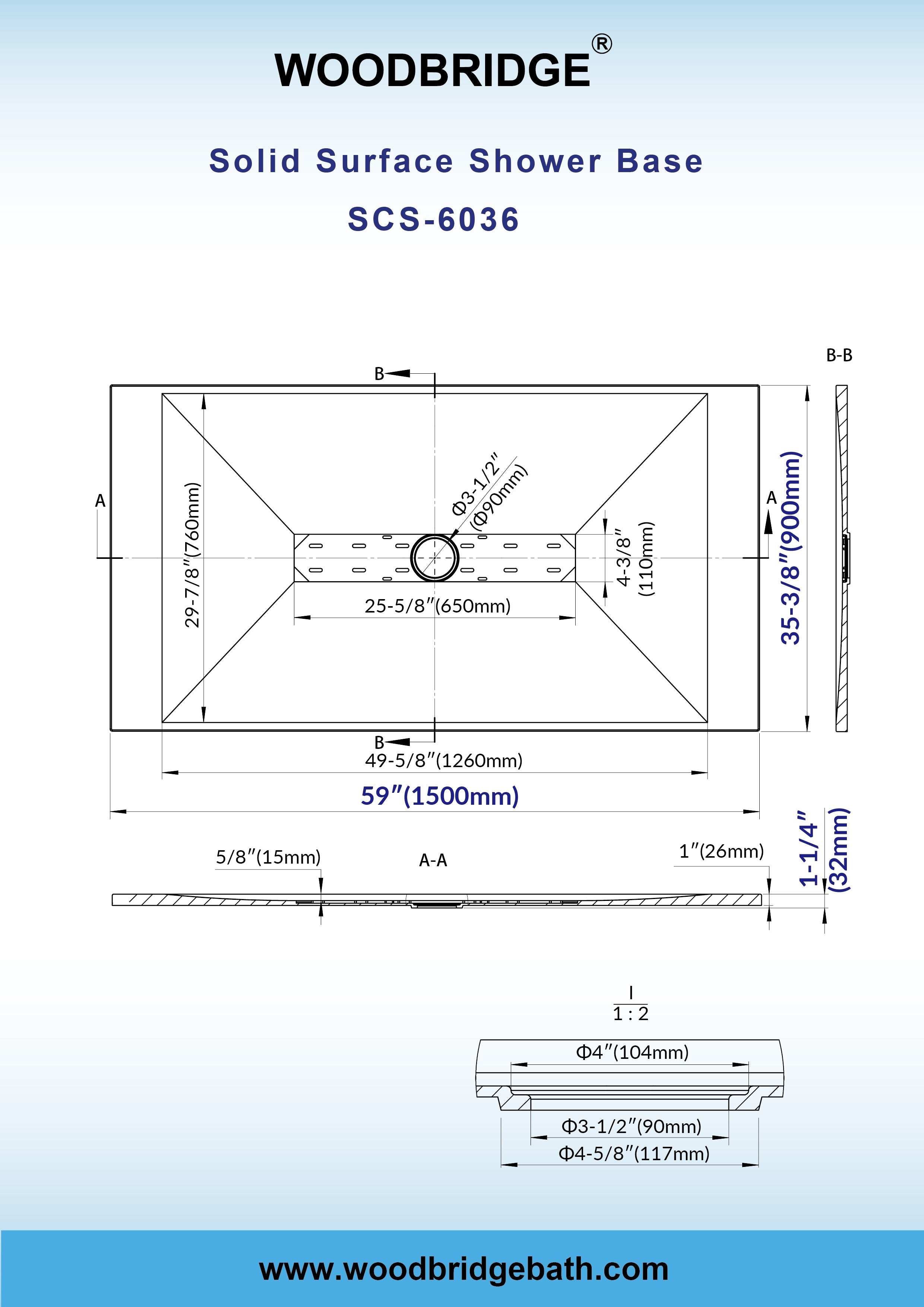 WOODBRIDGE 59 in L x 35.4 in W Zero Threshold End Drain Shower Base with Center Drain Placement, Matching Decorative Drain Plate and Tile Flange