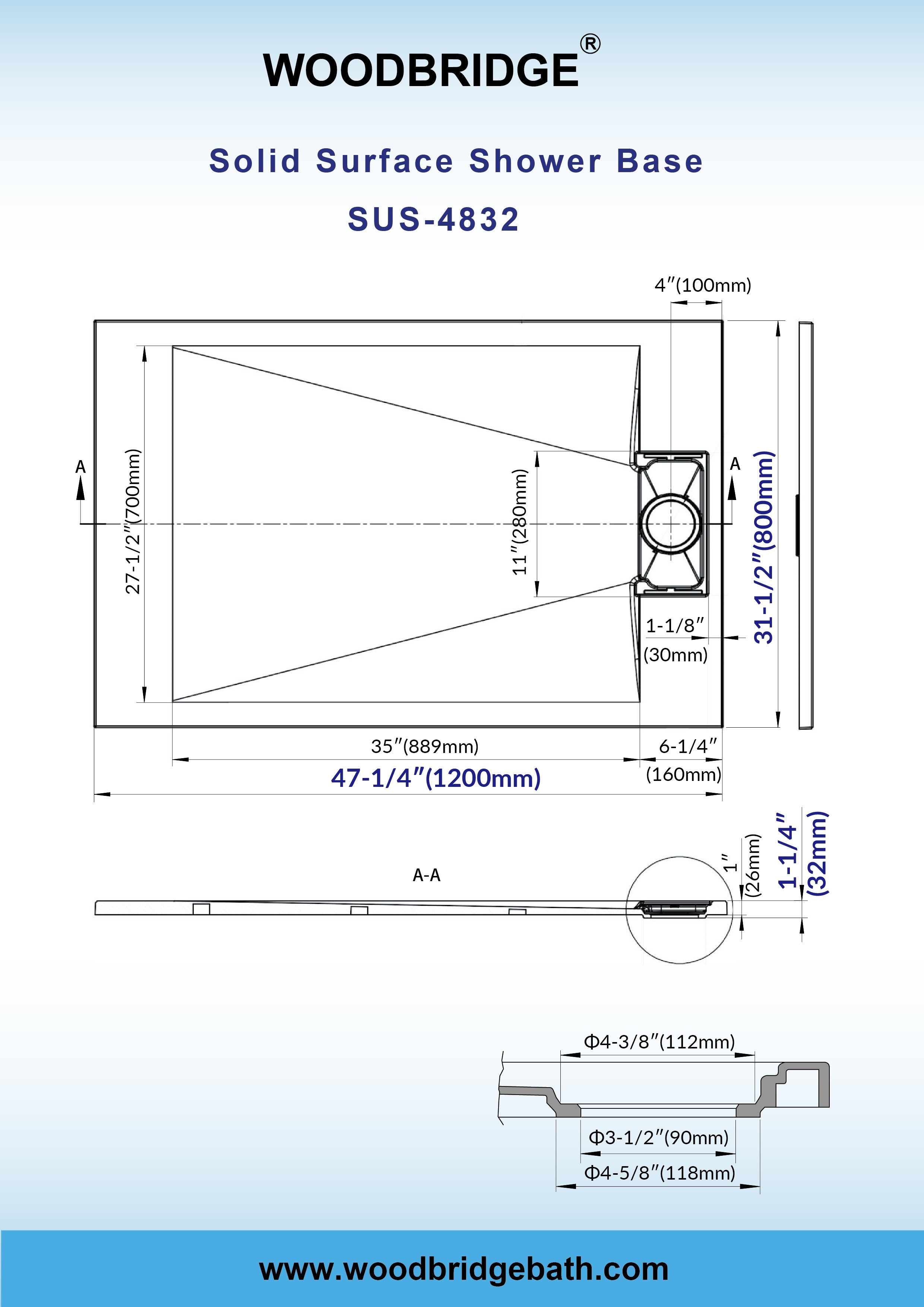 WOODBRIDGE 47.5 in L x 31.5 in W Zero Threshold End Drain Shower Base with Reversible Drain Placement, Matching Decorative Drain Plate and Tile Flange