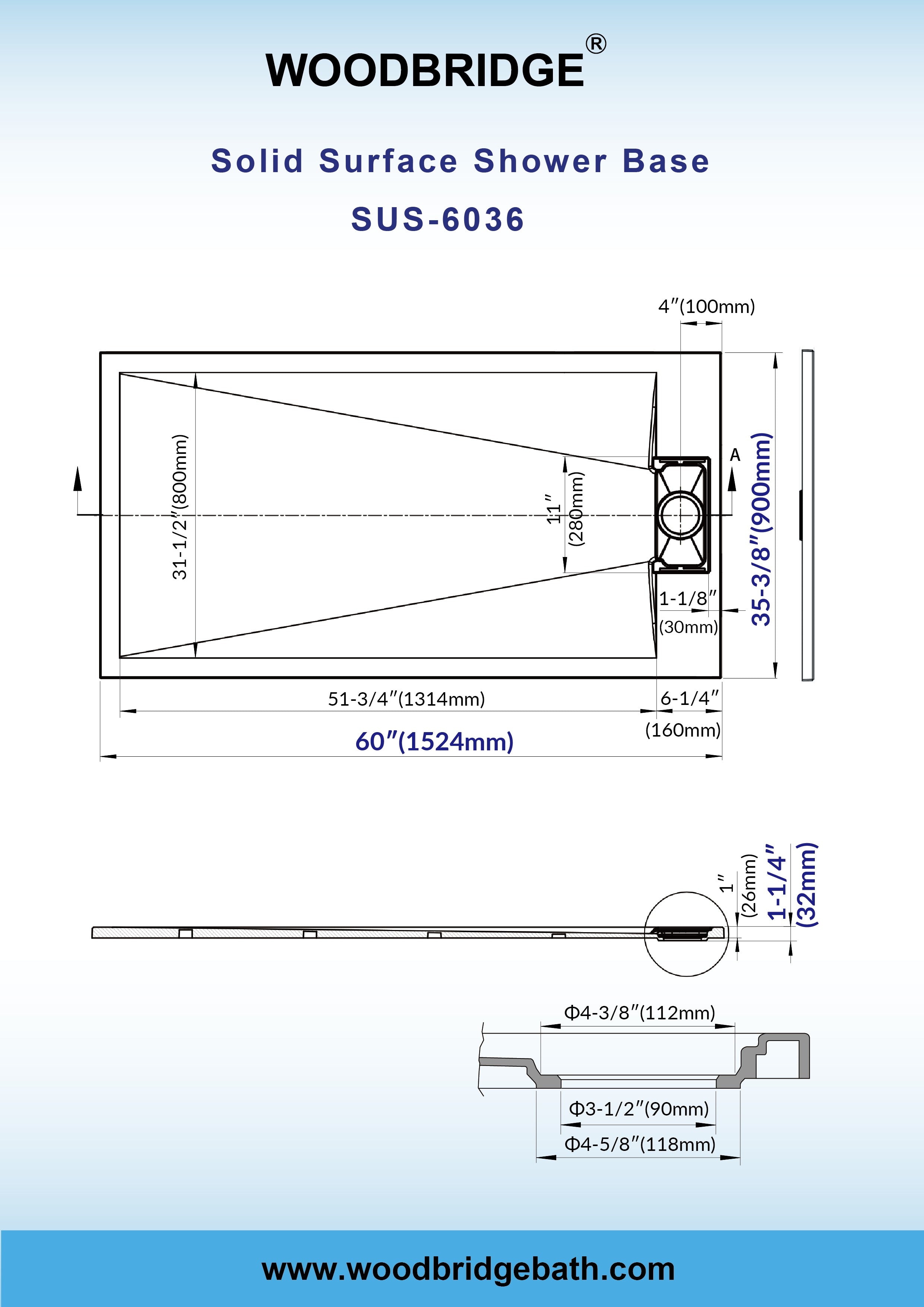 WOODBRIDGE 60 in L x 35.4 in W Zero Threshold End Drain Shower Base with Reversible Drain Placement, Matching Decorative Drain Plate and Tile Flange
