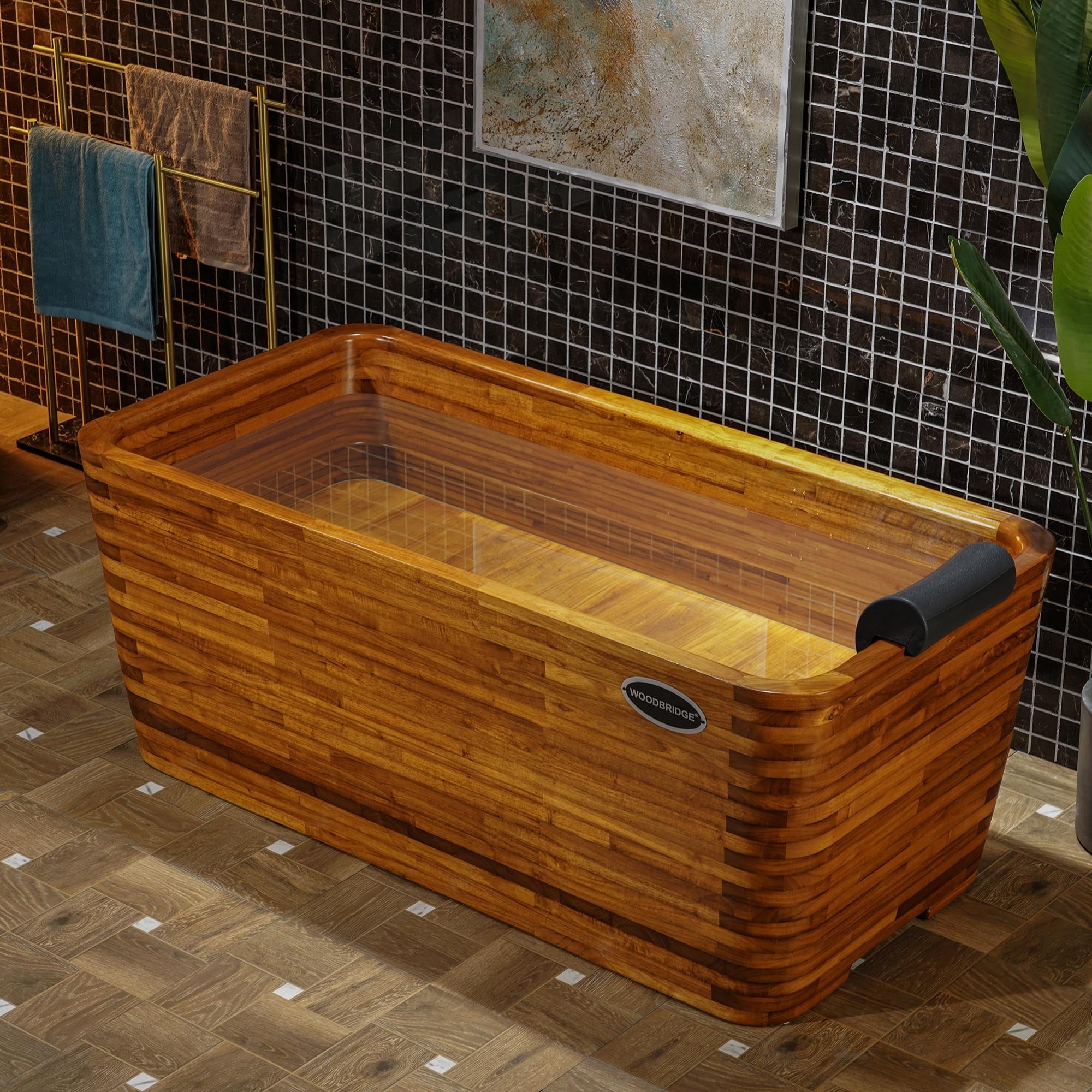 WOODBRIDGE 59" Freestanding Handcrafted Natural Wood Soaking Rectangular Bathtub with Wood seat, Pillow, and Chrome Pop Up Drain, WB1009