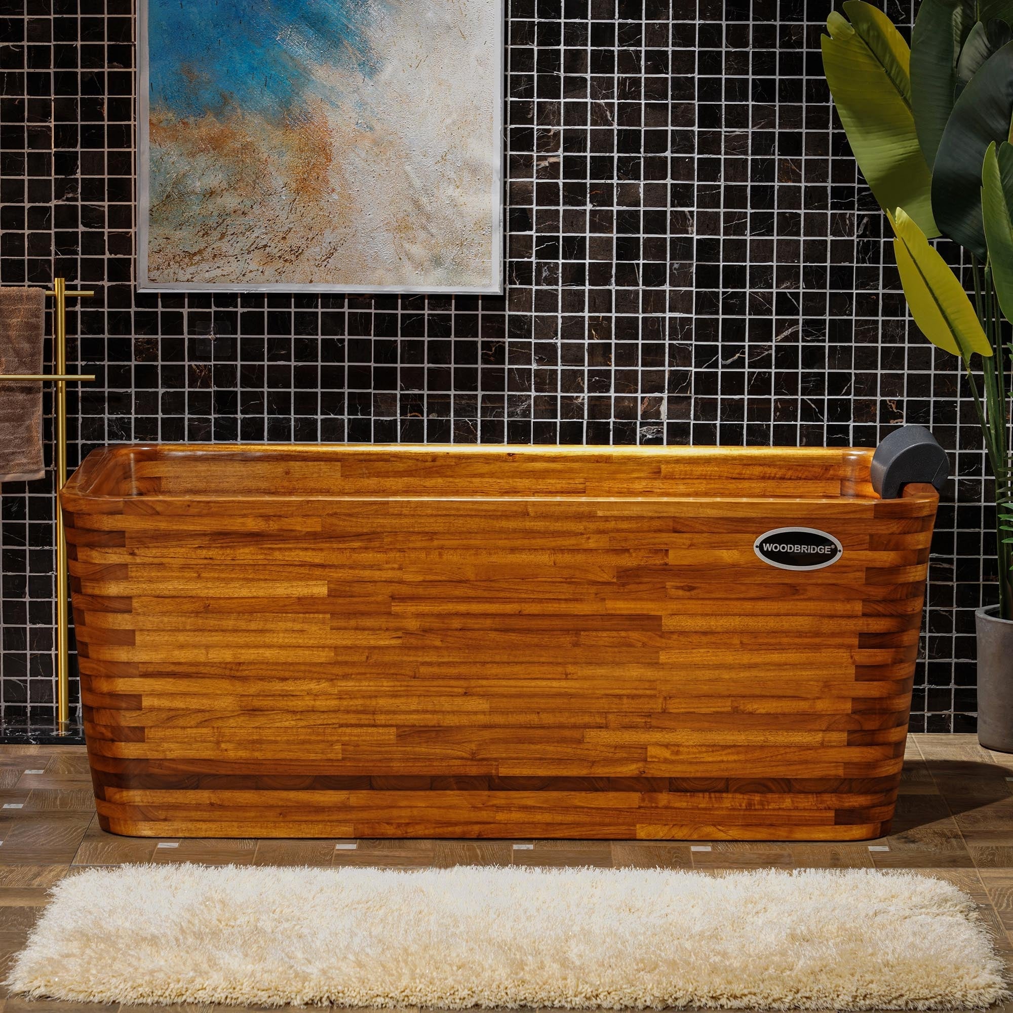 WOODBRIDGE 59" Freestanding Handcrafted Natural Wood Soaking Rectangular Bathtub with Wood seat, Pillow, and Chrome Pop Up Drain, WB1009
