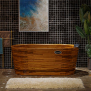WOODBRIDGE 59" Freestanding Handcrafted Natural Wood Soaking Oval Bathtub with Wood seat, Pillow, and Chrome Pop Up Drain, WB2018