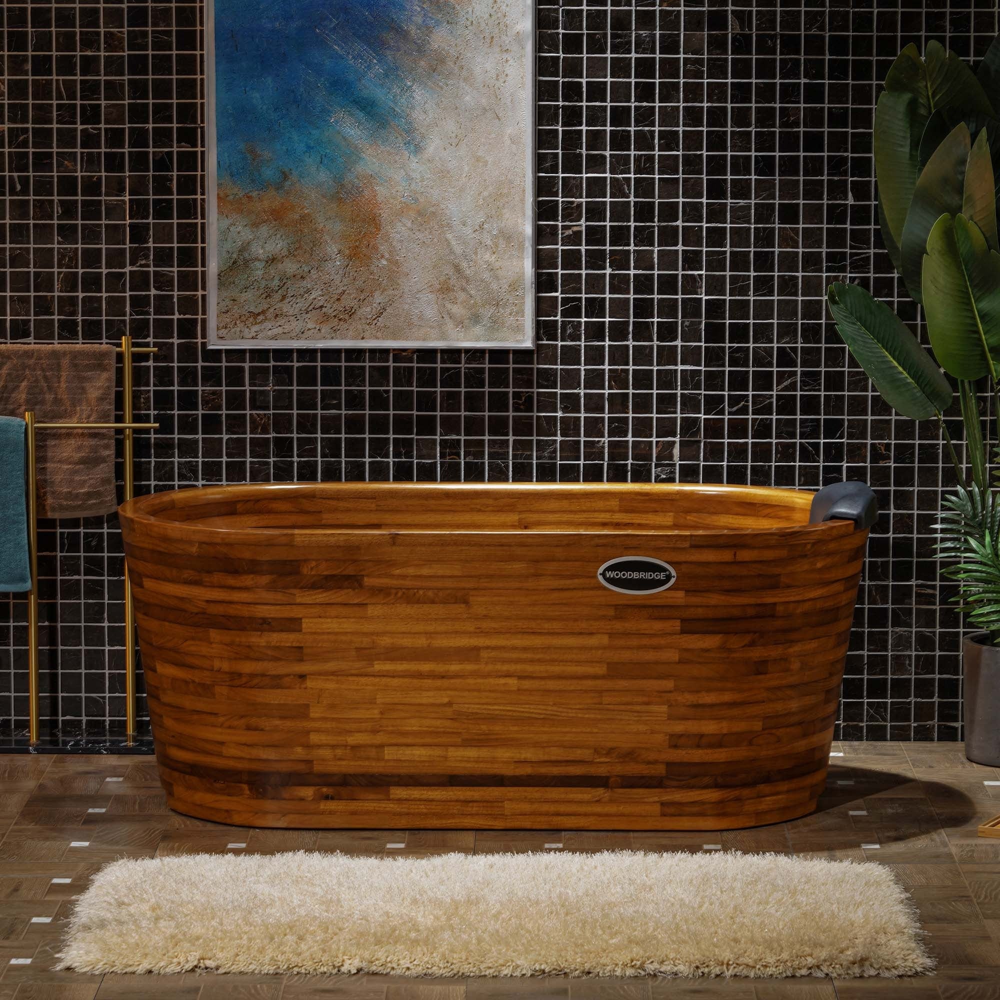 WOODBRIDGE 59" Freestanding Handcrafted Natural Wood Soaking Oval Bathtub with Wood seat, Pillow, and Chrome Pop Up Drain, WB2018