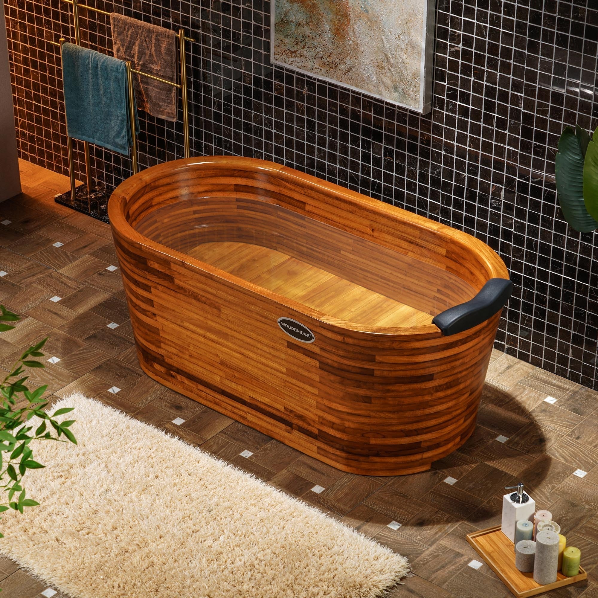 WOODBRIDGE 59" Freestanding Handcrafted Natural Wood Soaking Oval Bathtub with Wood seat, Pillow, and Chrome Pop Up Drain, WB2018