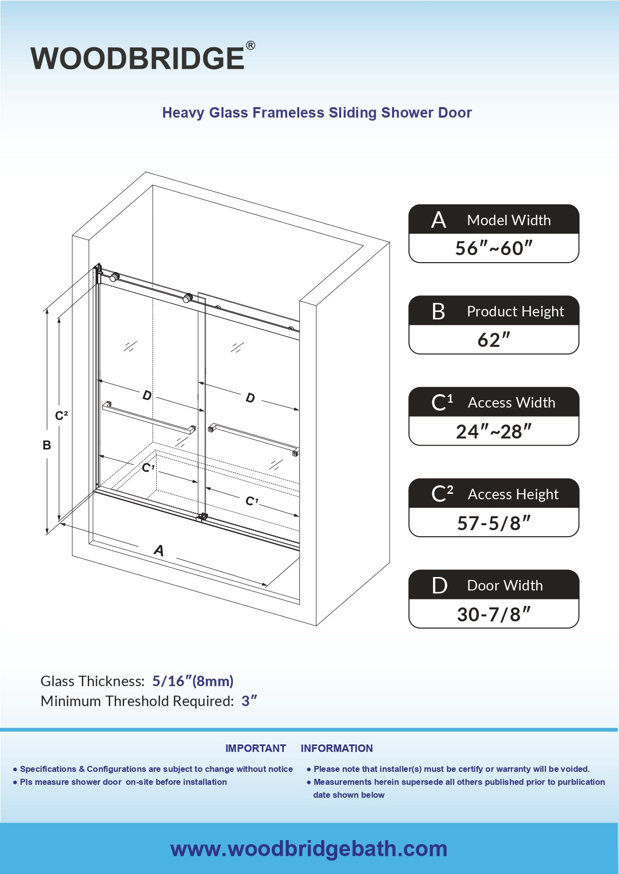 WOODBRIDGE Frameless Bathtub Shower Doors 56-60" Width x 62"Height with 5/16"(8mm) Clear Tempered Glass, 2 Ways Opening & Double Sliding