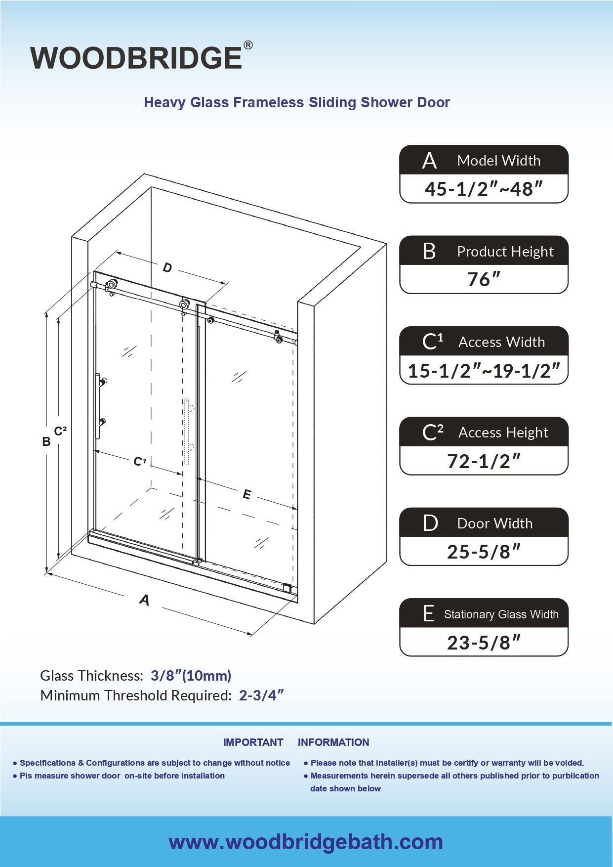 WOODBRIDGE Frameless Single Sliding Shower Doors, 45.5-48" Width x 76"Height with 3/8"(10mm) Clear Tempered Glass, Soft Close System and Explosion-Proof Film