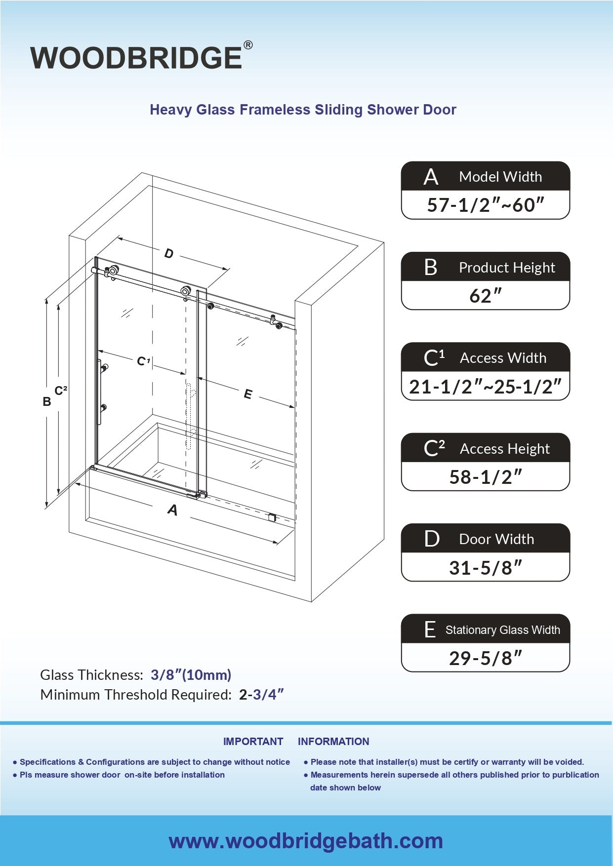 WOODBRIDGE Frameless Single Sliding Shower Doors 57.5-60" Width x 62"Height with 3/8"(10mm) Clear Tempered Glass, Soft Close System and Explosion-Proof Film, BSDC6062