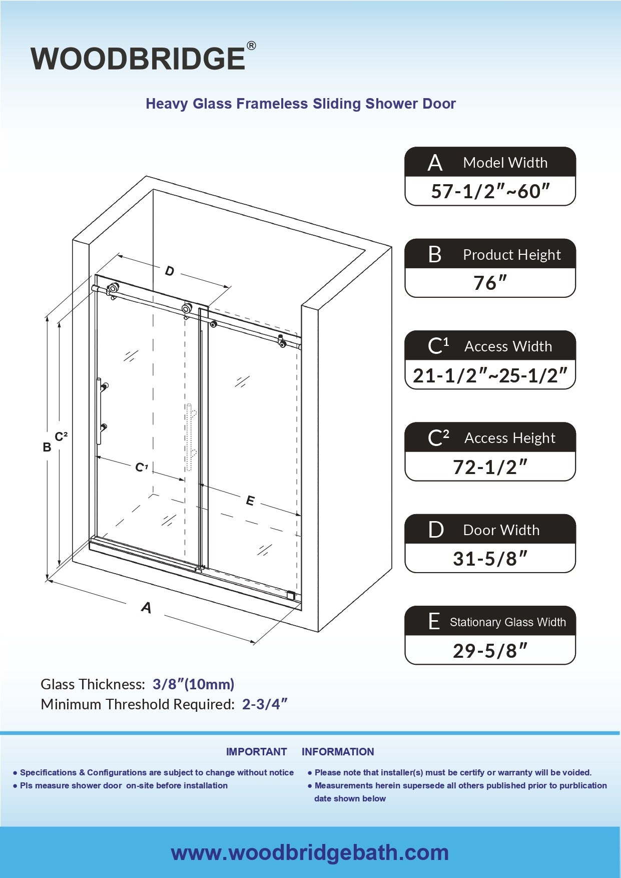 WOODBRIDGE Frameless Sliding Shower Doors with Soft Close System, 56-60" Width x 76"Height with 3/8"(10mm) Clear Tempered Glass, BSDC6076