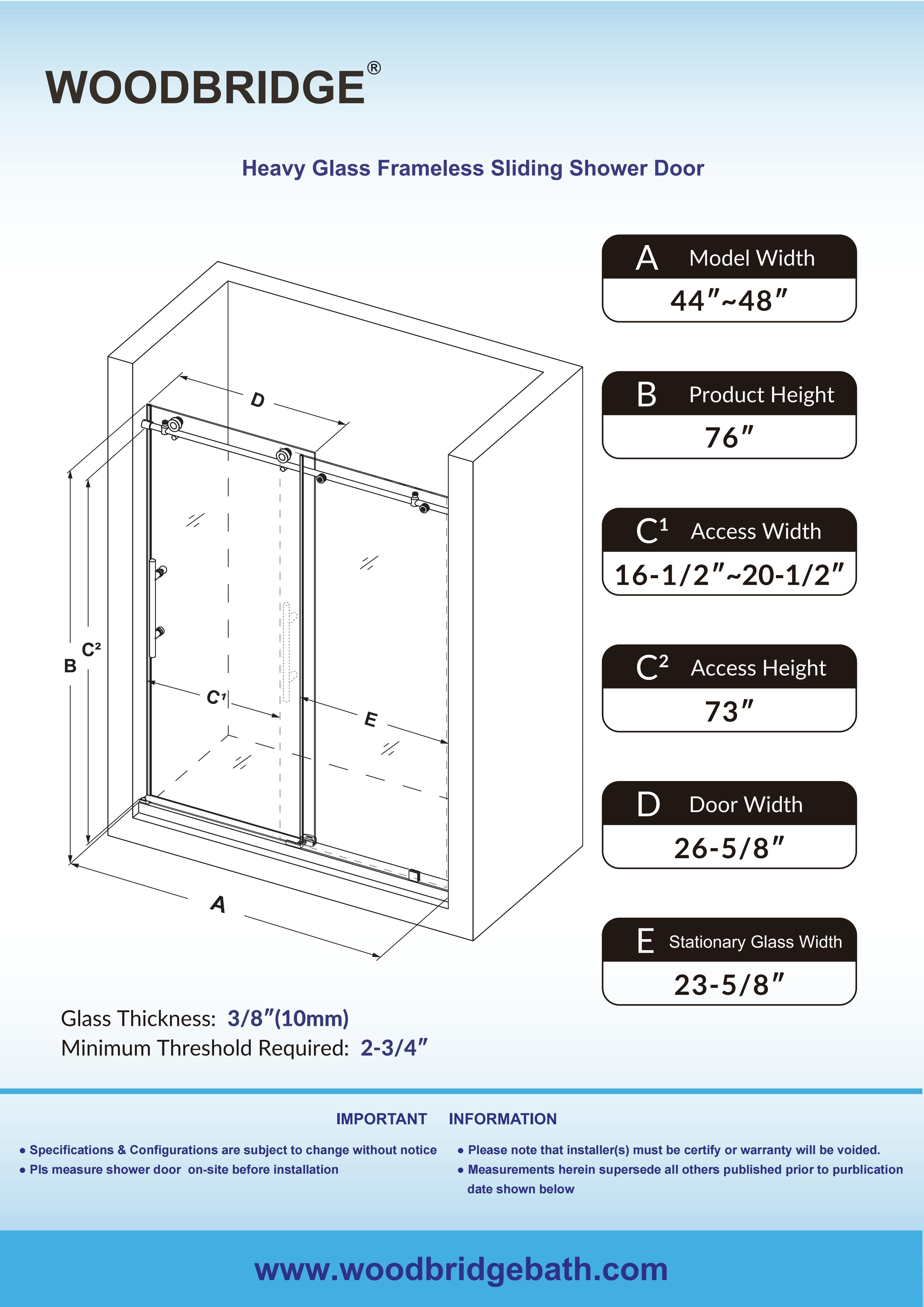 WOODBRIDGE Frameless Shower Doors 44-48" Width x 76"Height with 3/8"(10mm) Clear Tempered Glass, MBSDC4876