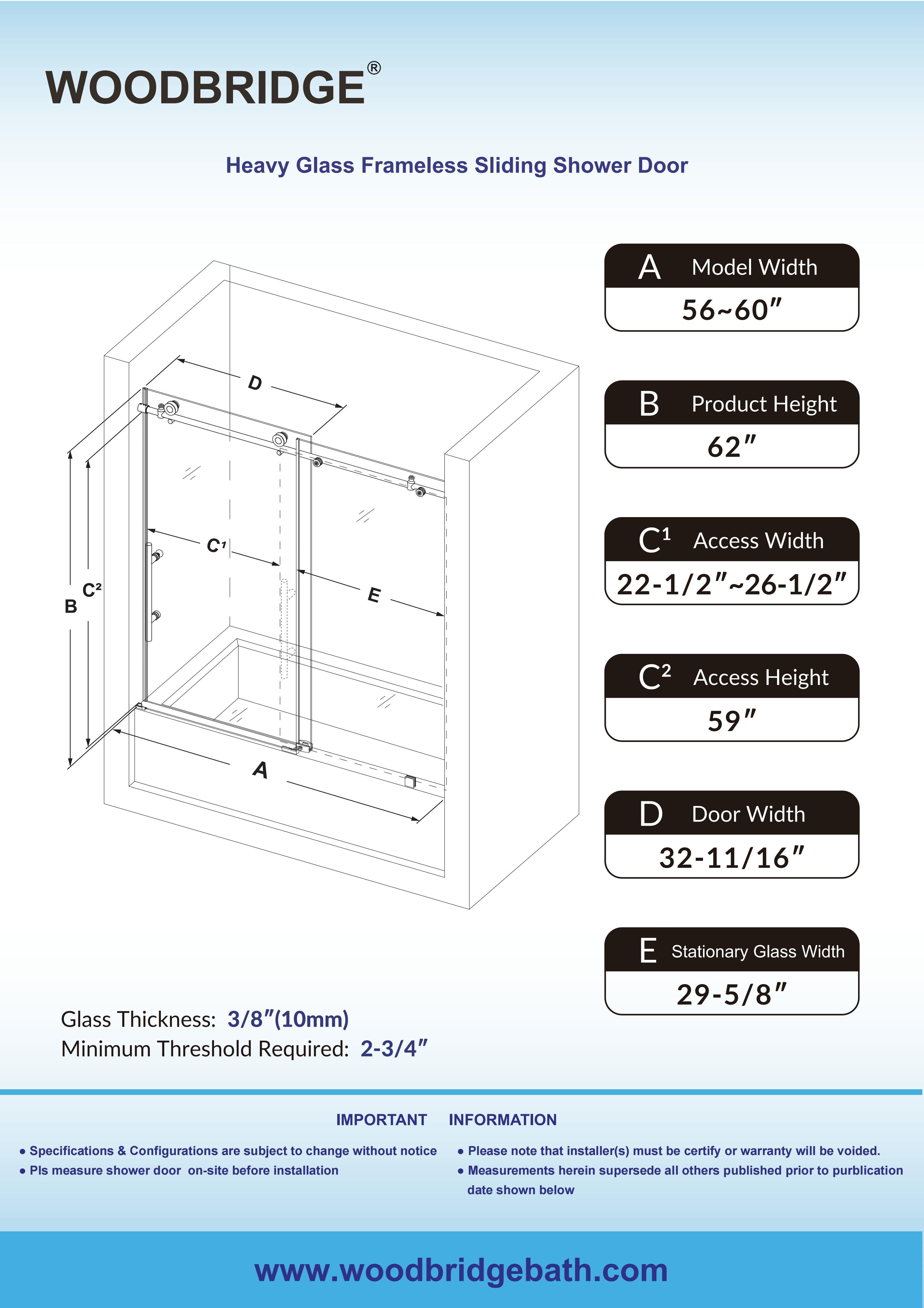 WOODBRIDGE Frameless Bathtub Shower Doors 56-60" Width x 62"Height with 3/8"(10mm) Clear Tempered Glass, MBSDC6062