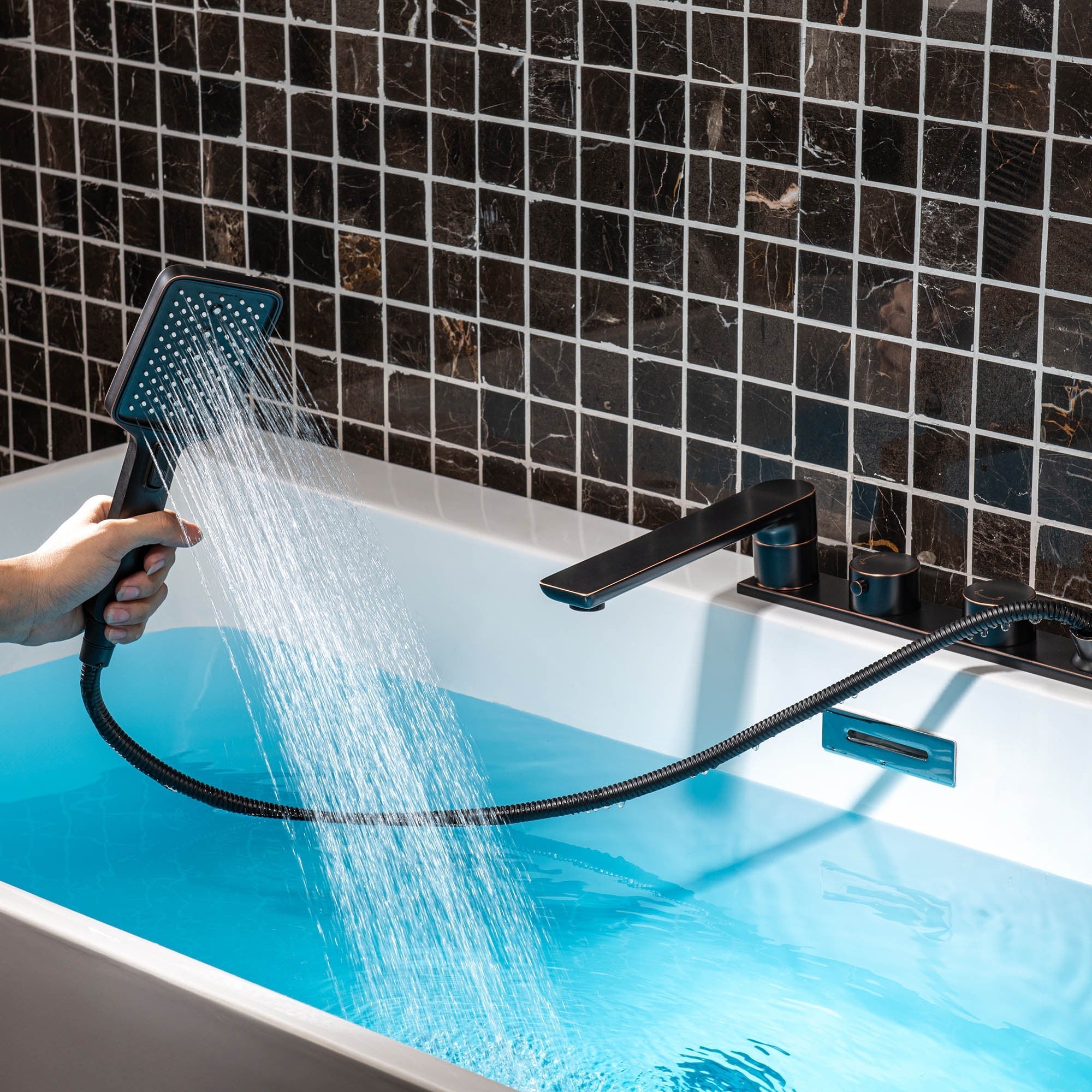WOODBRIDGE F004 Series Widespread Deck Mount Roman Tub Faucet with Hand Shower, Two-Handle 4-Hole