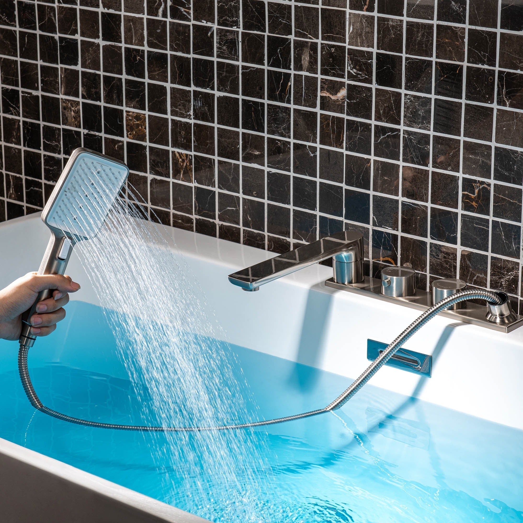 WOODBRIDGE F004 Series Widespread Deck Mount Roman Tub Faucet with Hand Shower, Two-Handle 4-Hole