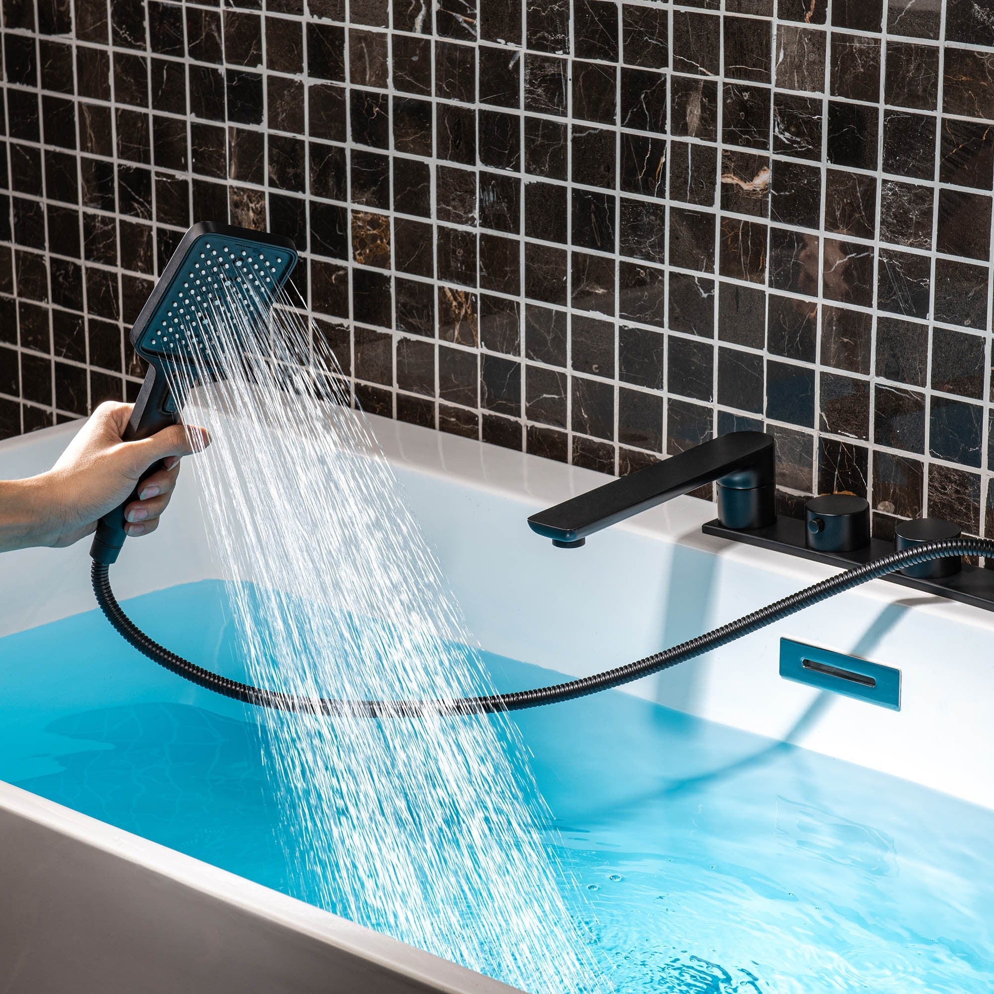 WOODBRIDGE F004 Series Widespread Deck Mount Roman Tub Faucet with Hand Shower, Two-Handle 4-Hole