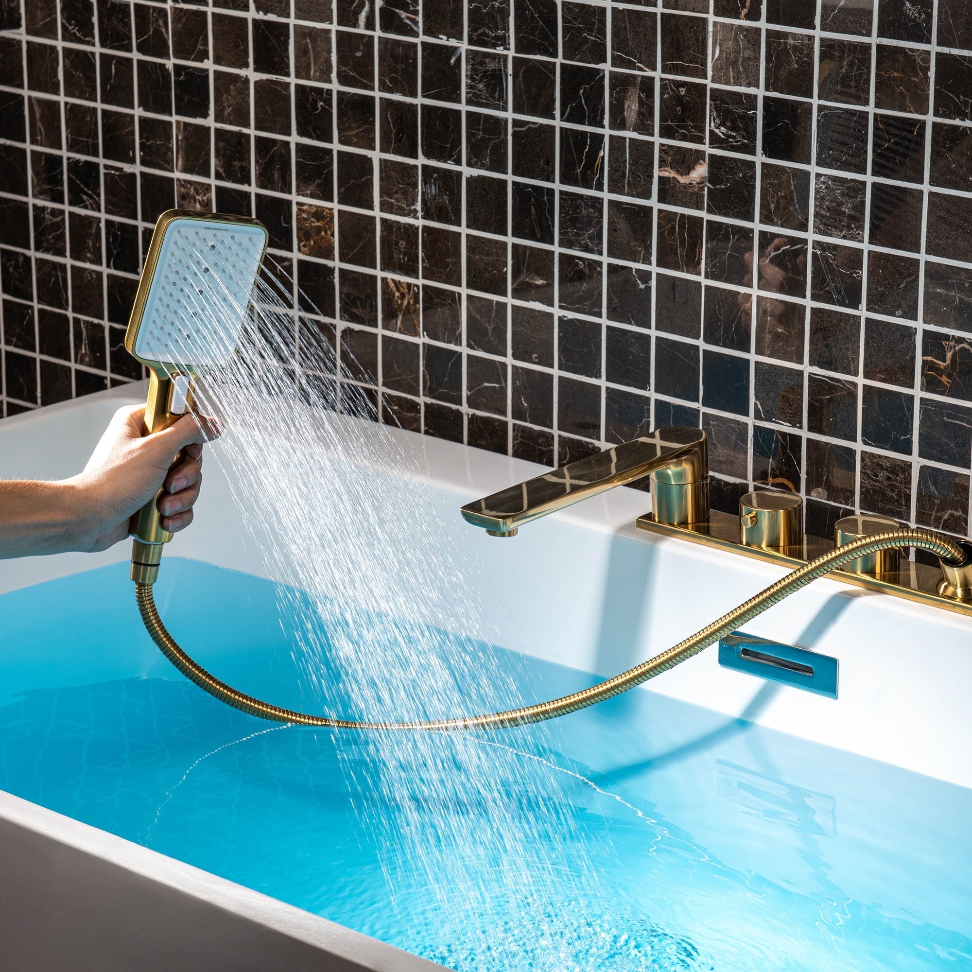 WOODBRIDGE F004 Series Widespread Deck Mount Roman Tub Faucet with Hand Shower, Two-Handle 4-Hole