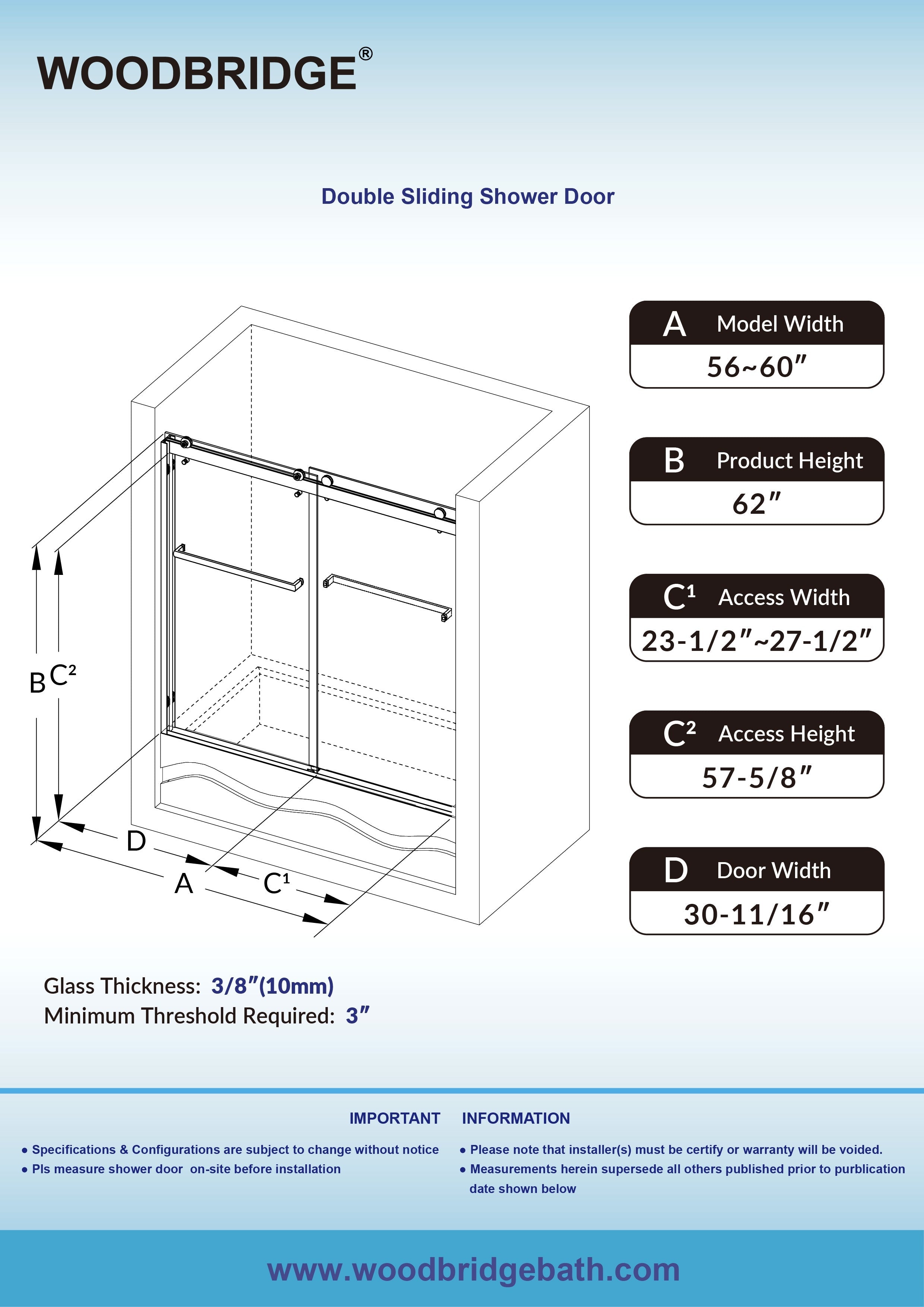 WOODBRIDGE Frameless Bathtub Shower Doors 56-60" Width x 62"Height with 3/8"(10mm) Clear Tempered Glass, 2 Ways Opening & Double Sliding,SDD6062