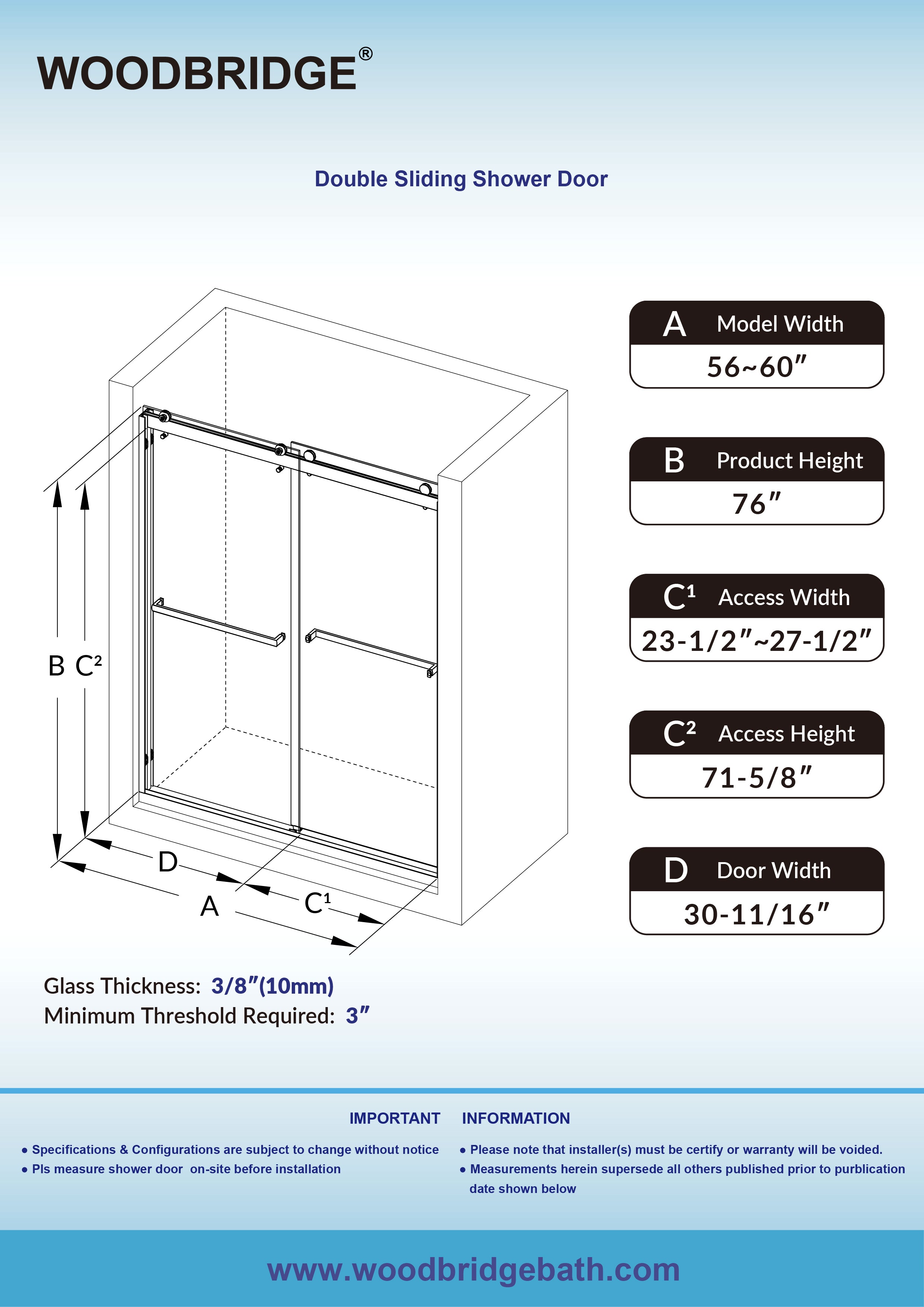 WOODBRIDGE Frameless Shower Doors 56-60" Width x 76"Height with 3/8"(10mm) Clear Tempered Glass, 2 Ways Opening & Double Sliding