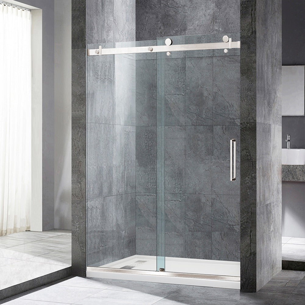 WOODBRIDGE Frameless Single Sliding Shower Doors 44-48" Width x 76" Height with 5/16"(8mm) Clear Tempered Glass and Explosion-Proof Film, MSDF4876