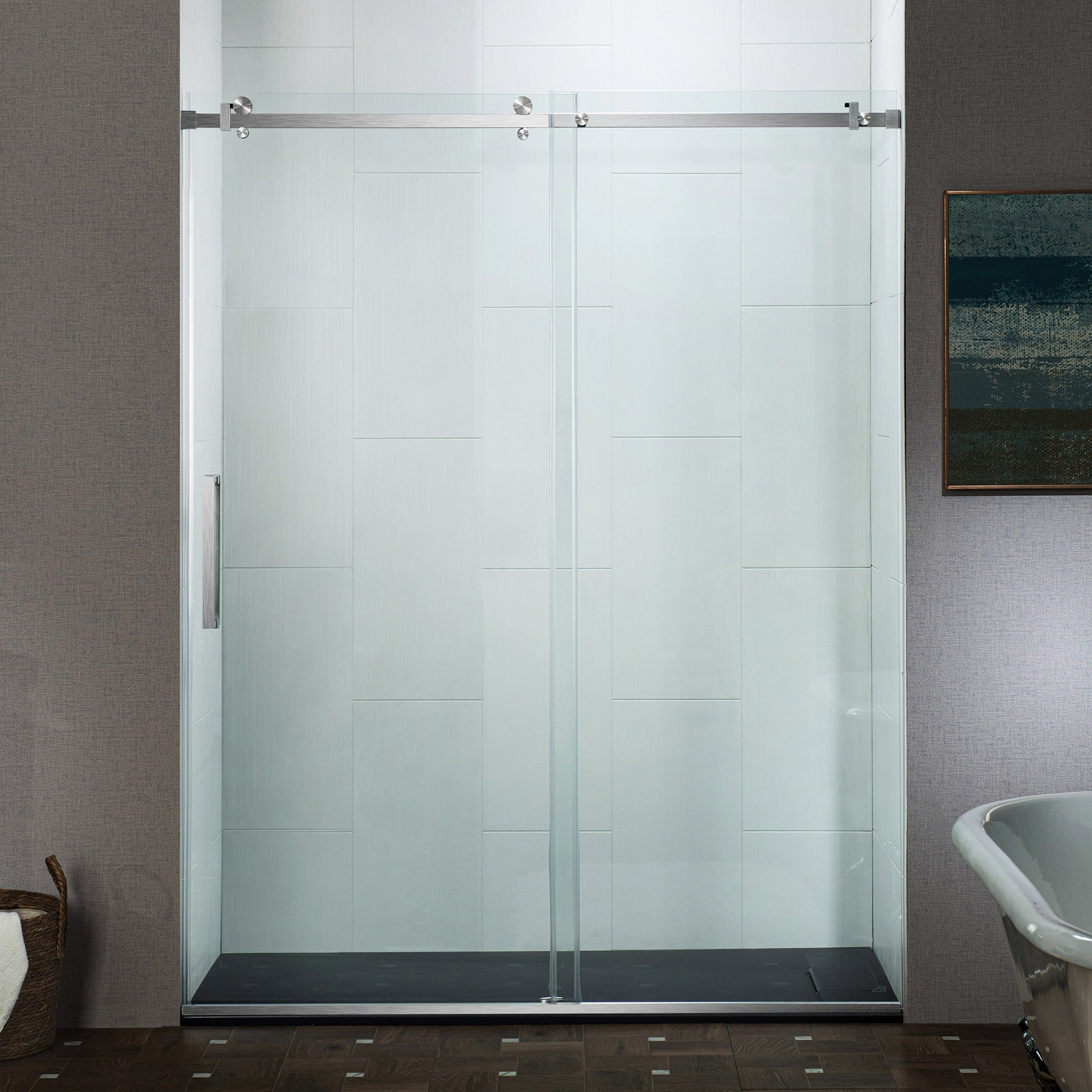 WOODBRIDGE Frameless Single Sliding Shower Doors 44-48" Width x 76" Height with 5/16"(8mm) Clear Tempered Glass and Explosion-Proof Film, MSDF4876